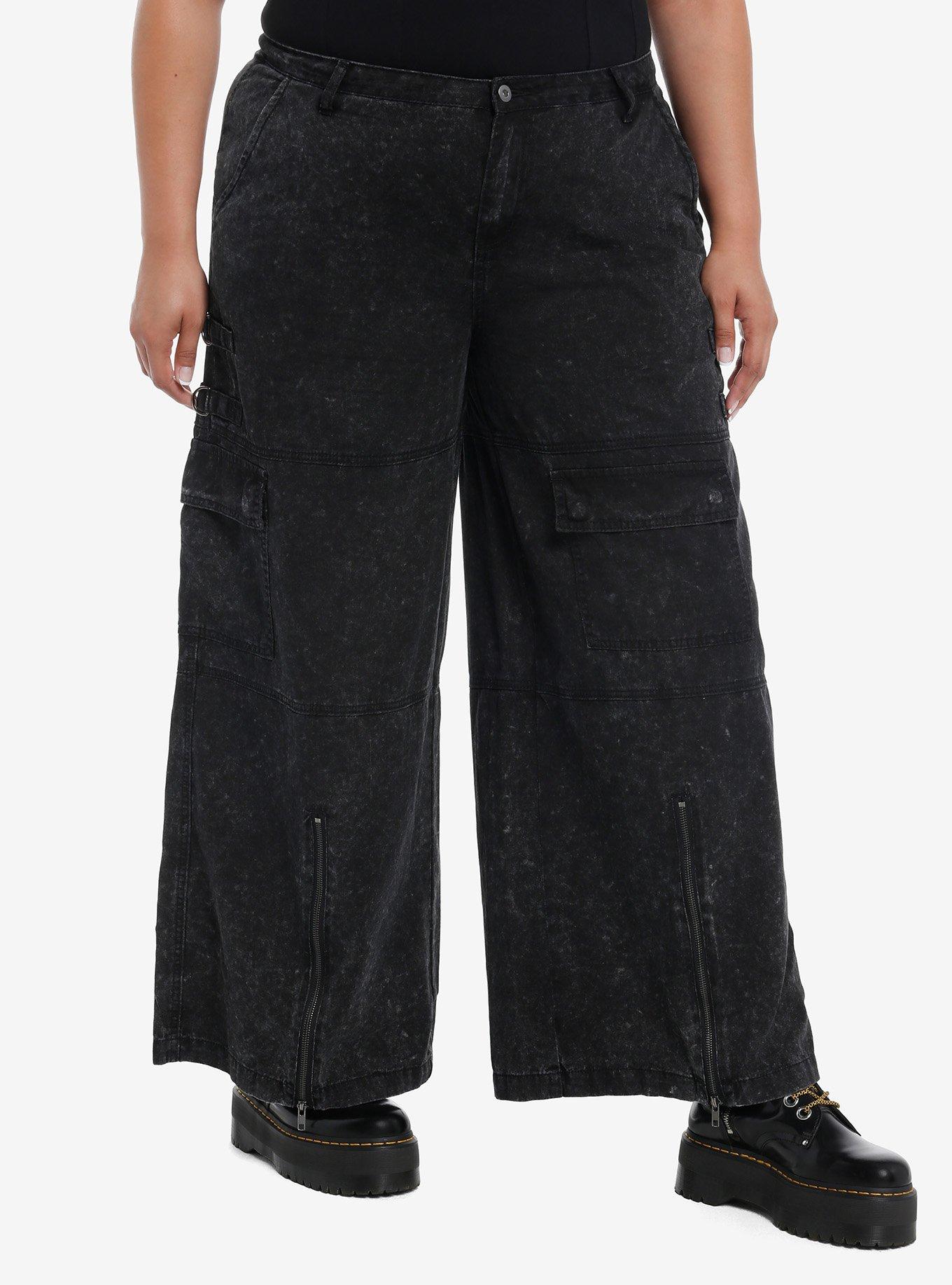 Black Acid Wash Hardware Zipper Wide Leg Jeans Plus Size, , hi-res