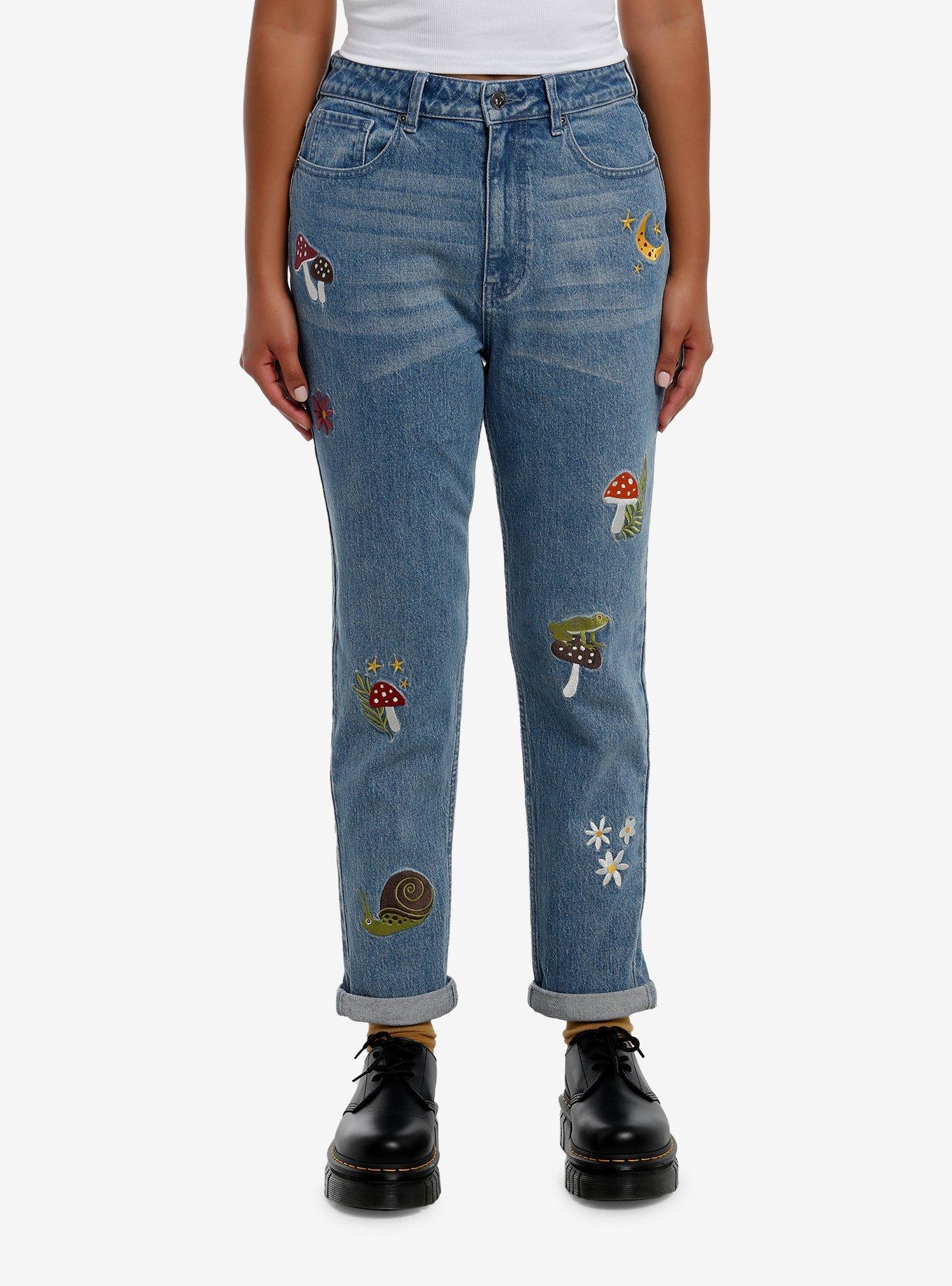 Mushroom Snail Forest Embroidered Mom Jeans, , hi-res