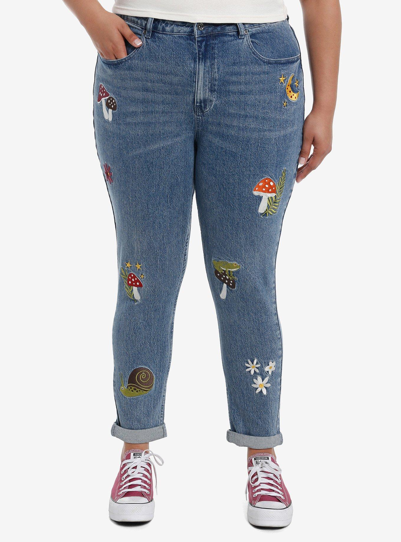 Mushroom Snail Forest Embroidered Mom Jeans Plus Size, , hi-res