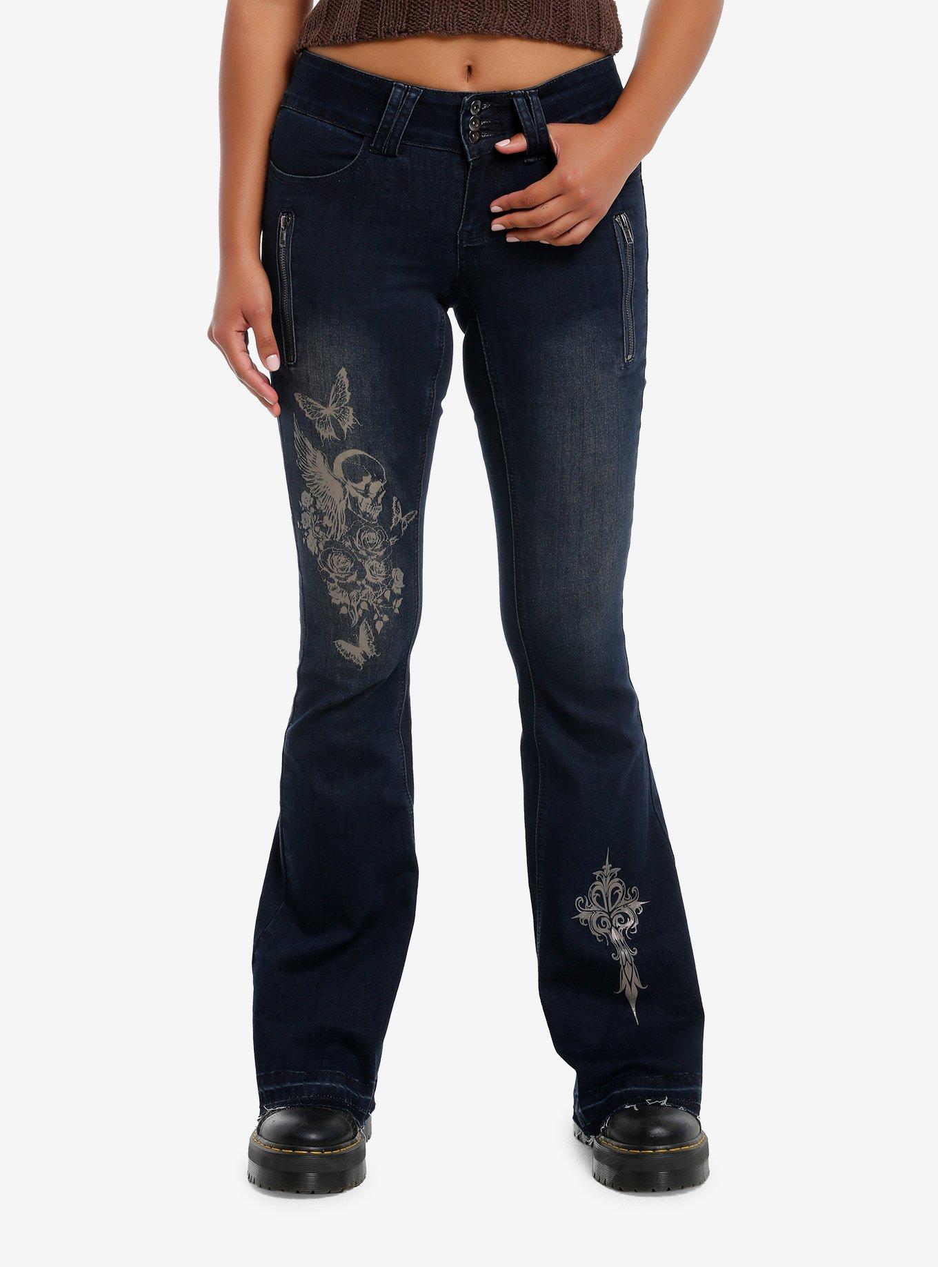 Dark Indigo Butterflies & Skulls Low-Rise Girls Flare Jeans, , hi-res