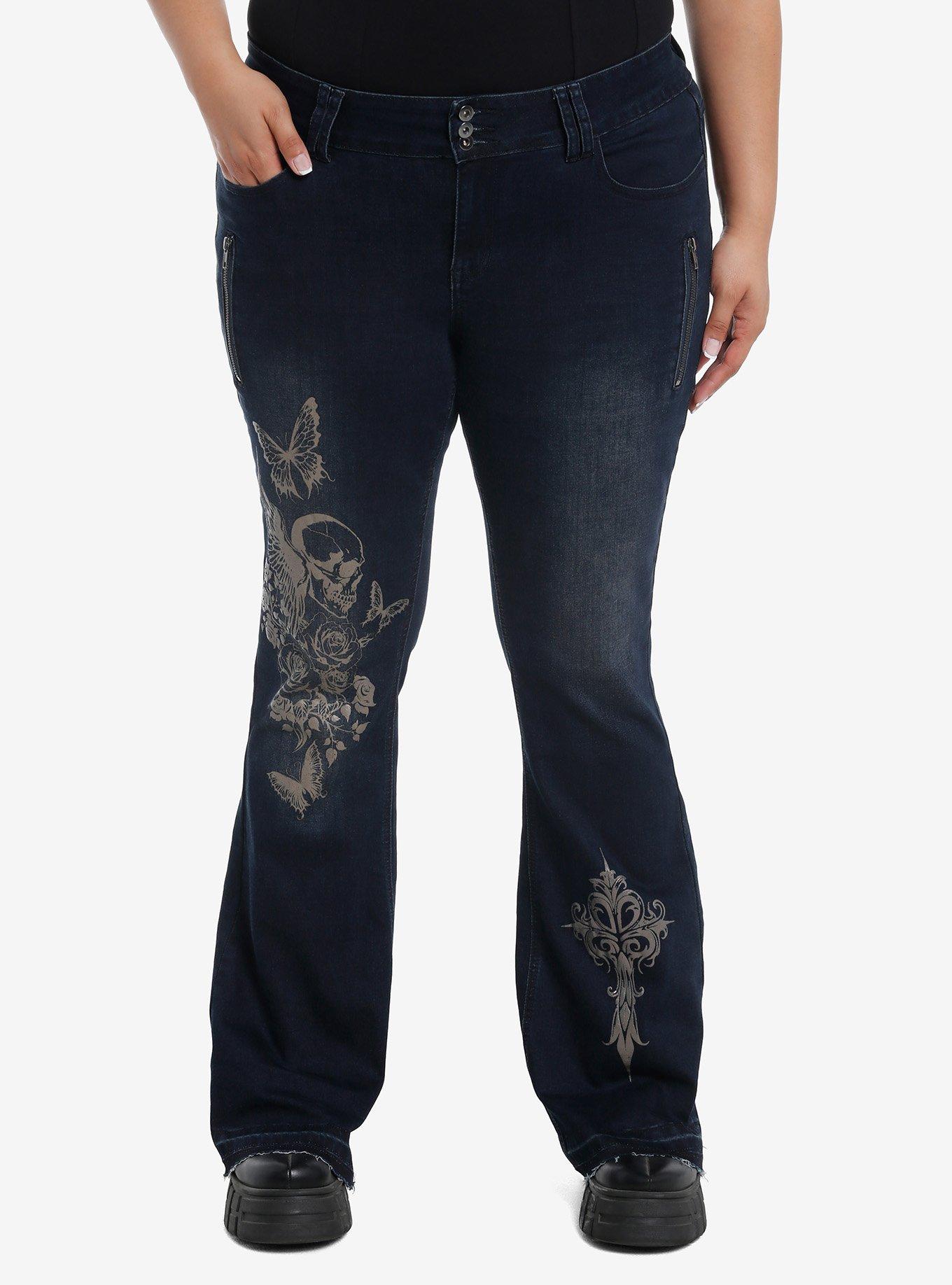 Dark Indigo Butterflies & Skulls Low-Rise Girls Flare Jeans Plus Size, , hi-res