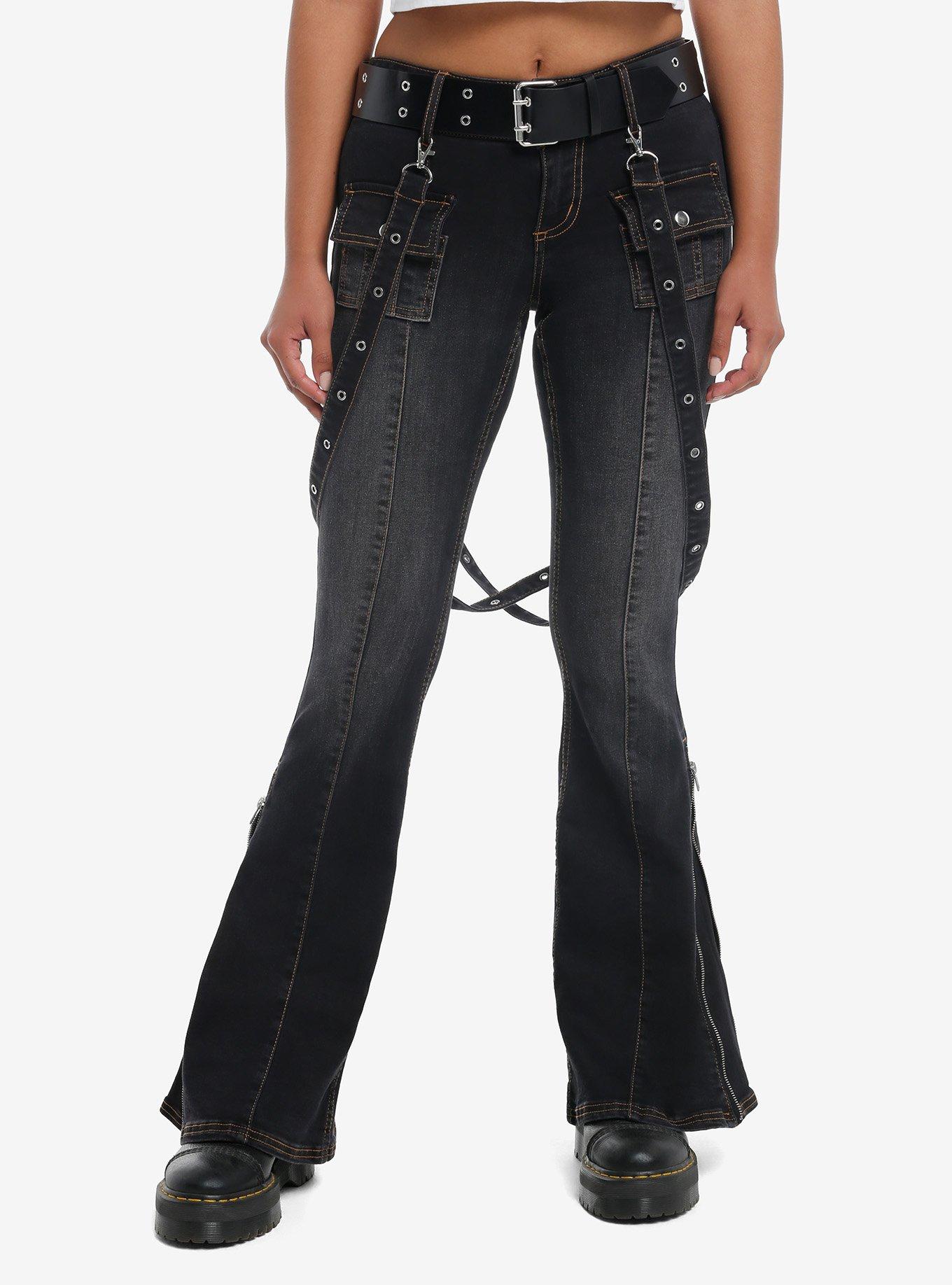 Dark Wash Grommet Suspender Flare Denim Pants With Belt, , hi-res