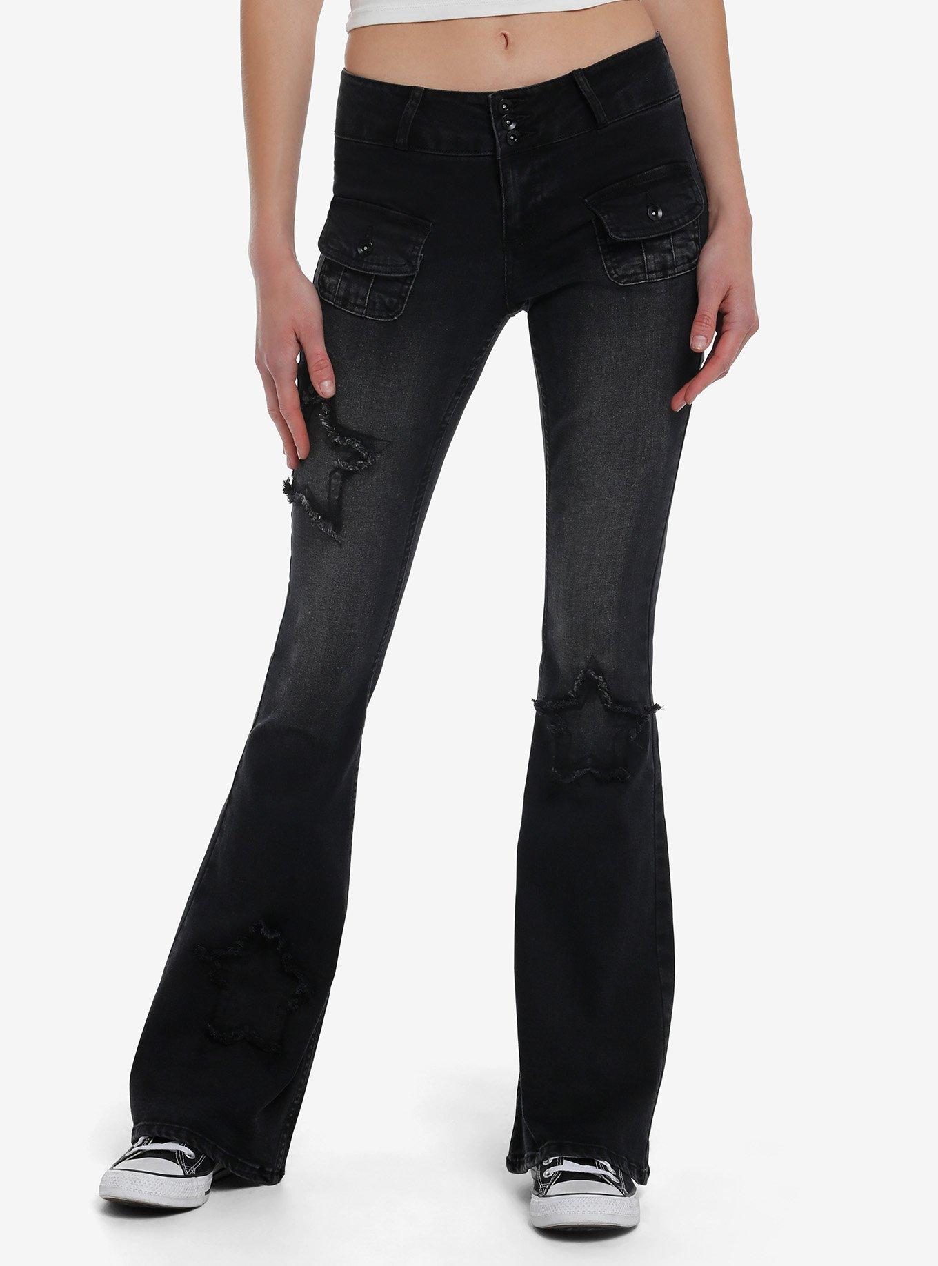 Black Frayed Star Patch Flare Denim Pants, , hi-res