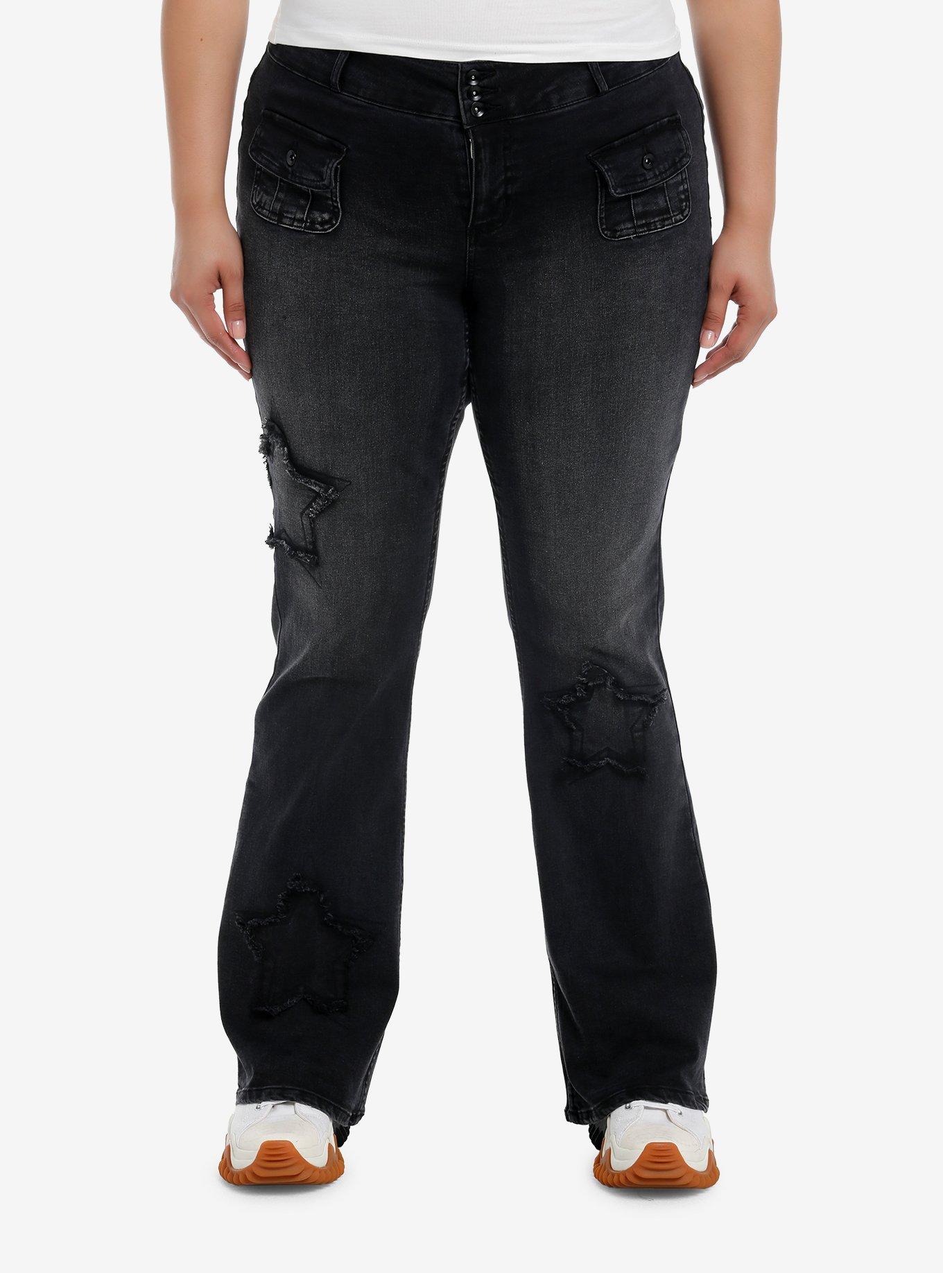 Black Frayed Star Patch Flare Denim Pants Plus Size, , hi-res