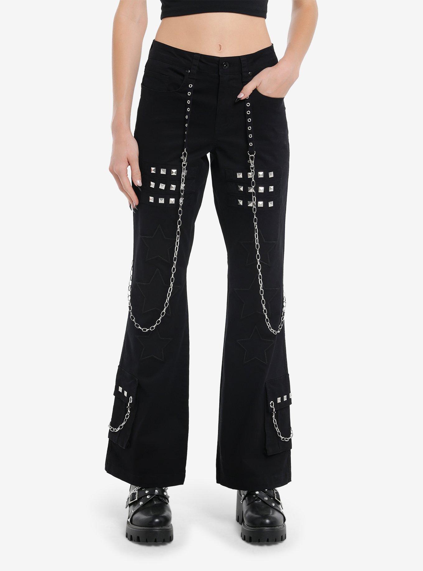 Star Patch Studs Grommet Chain Pants, BLACK, hi-res
