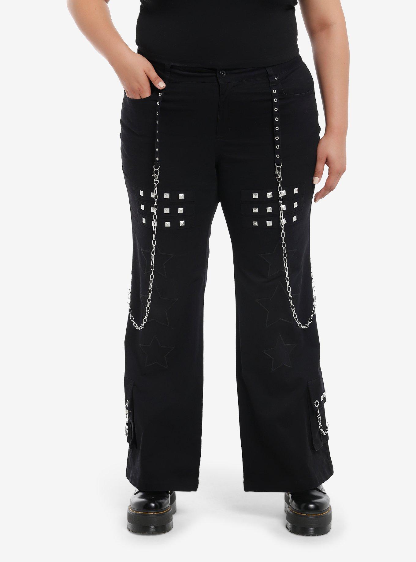 Star Patch Studs Grommet Chain Pants Plus Size, , hi-res