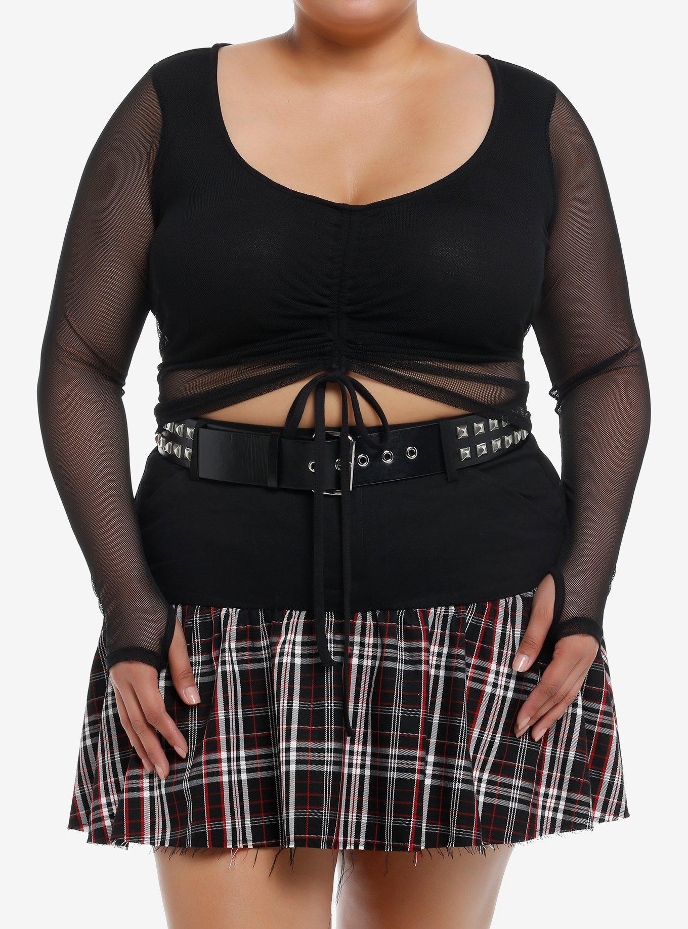 Social Collision Black Mesh Cinch Girls Crop Long-Sleeve Top Plus Size, , hi-res