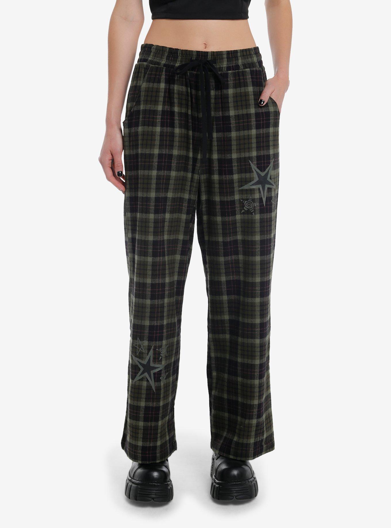 Green Plaid Stars Girls Pajama Pants, BLACK, hi-res