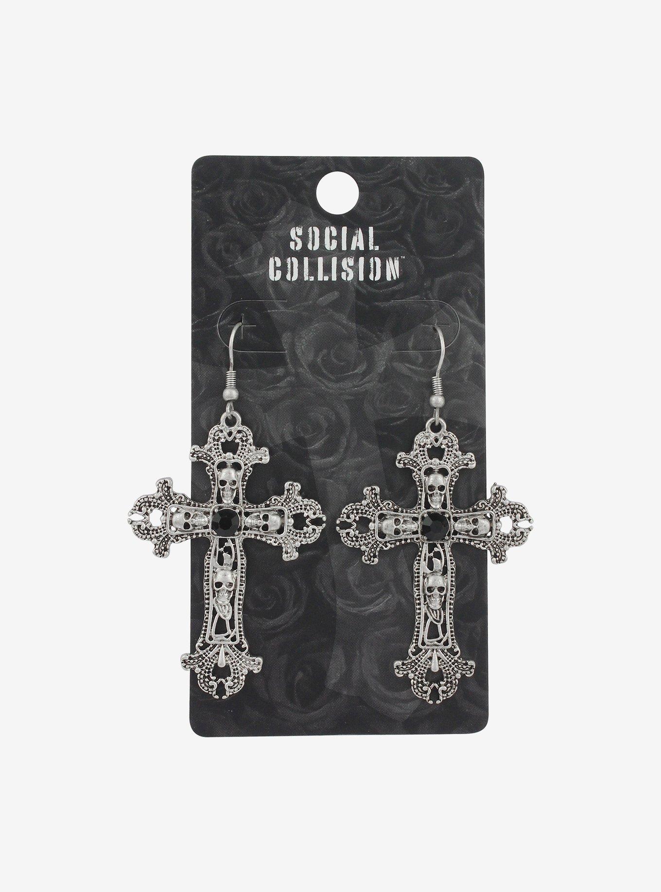 Social Collision Statement Skull Cross Earrings, , hi-res