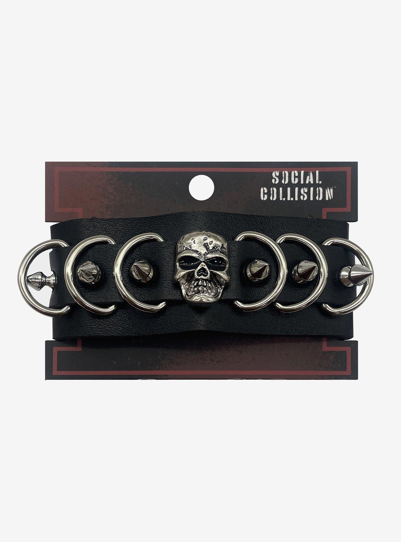 Social Collision Skull Spiked Faux Leather Cuff, , hi-res