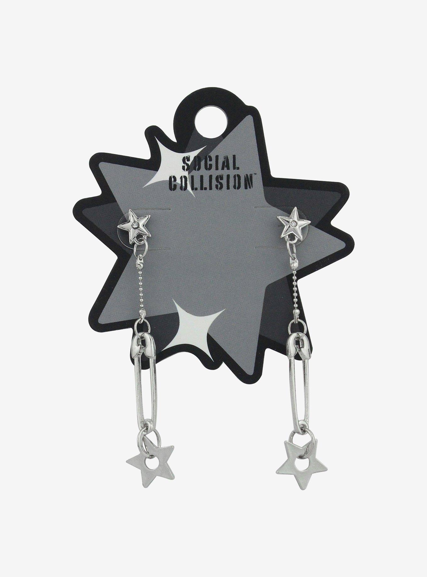 Social Collision Star Safety Pin Drop Earrings, , hi-res