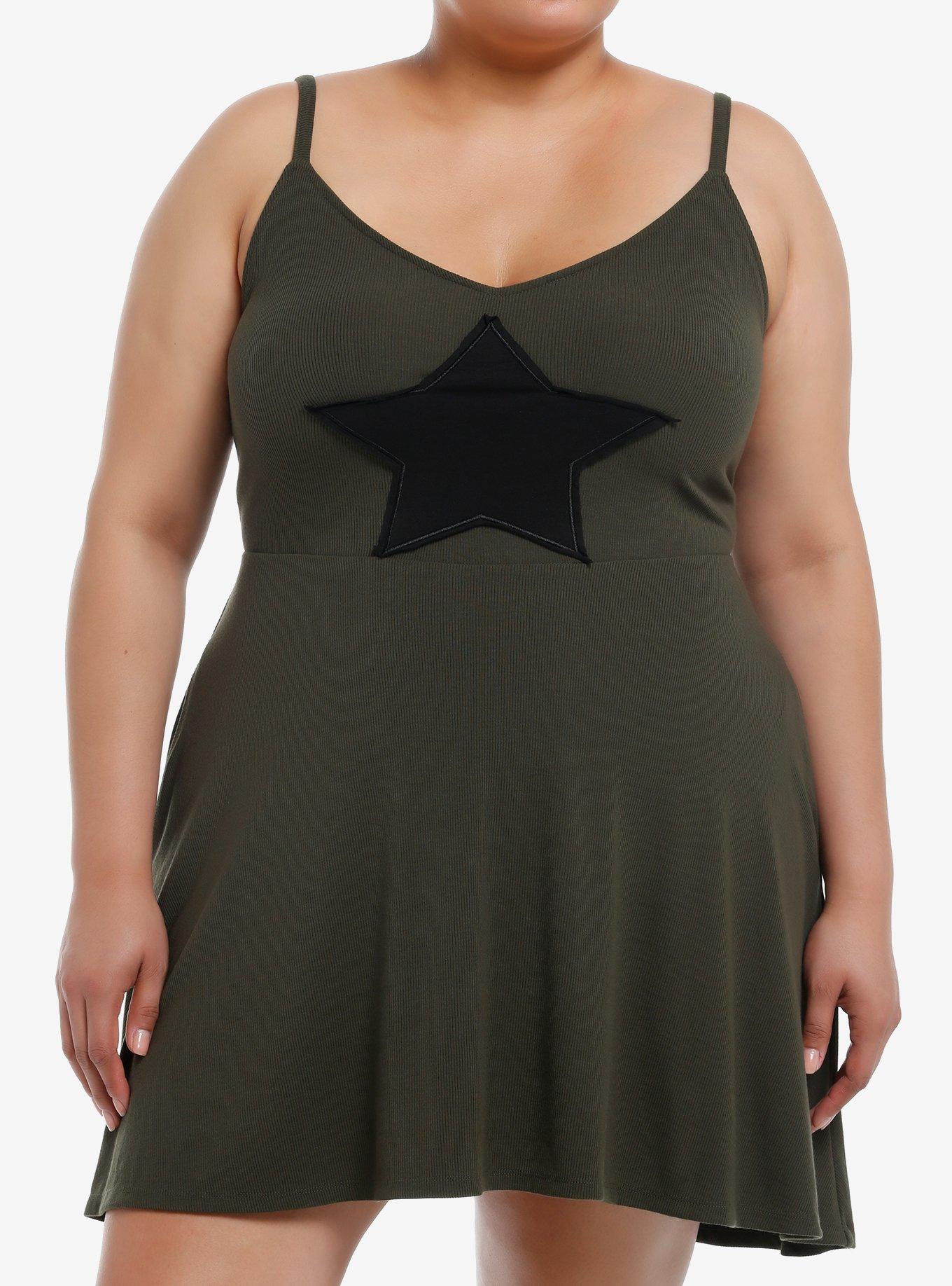 Social Collision Black Star Patch Cami Dress Plus Size, BLACK, hi-res