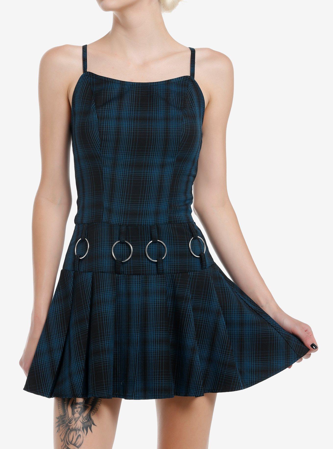 Social Collision Blue Plaid Hardware Dress, BLACK, hi-res