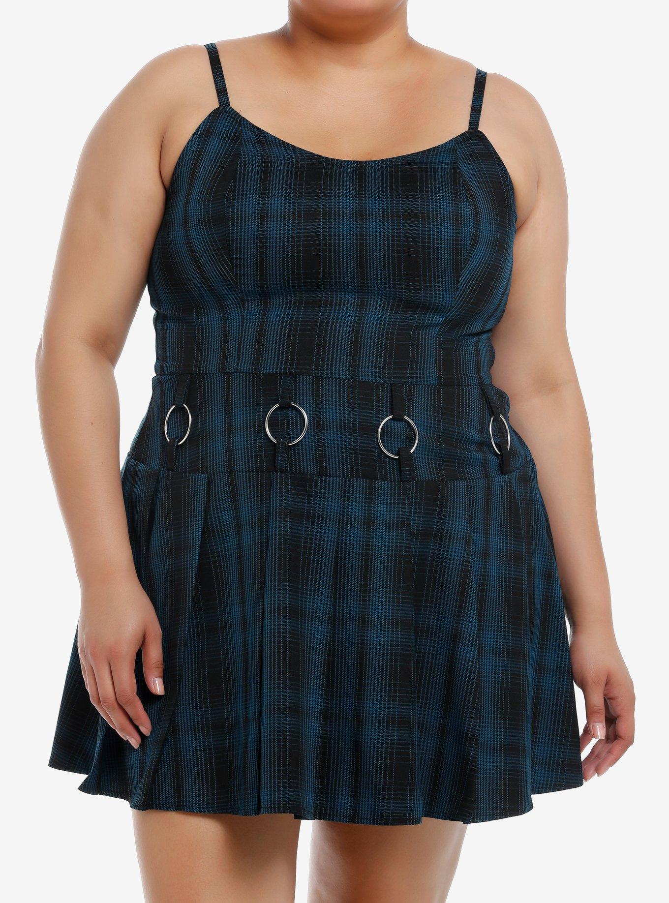 Social Collision Blue Plaid Hardware Dress Plus Size, , hi-res