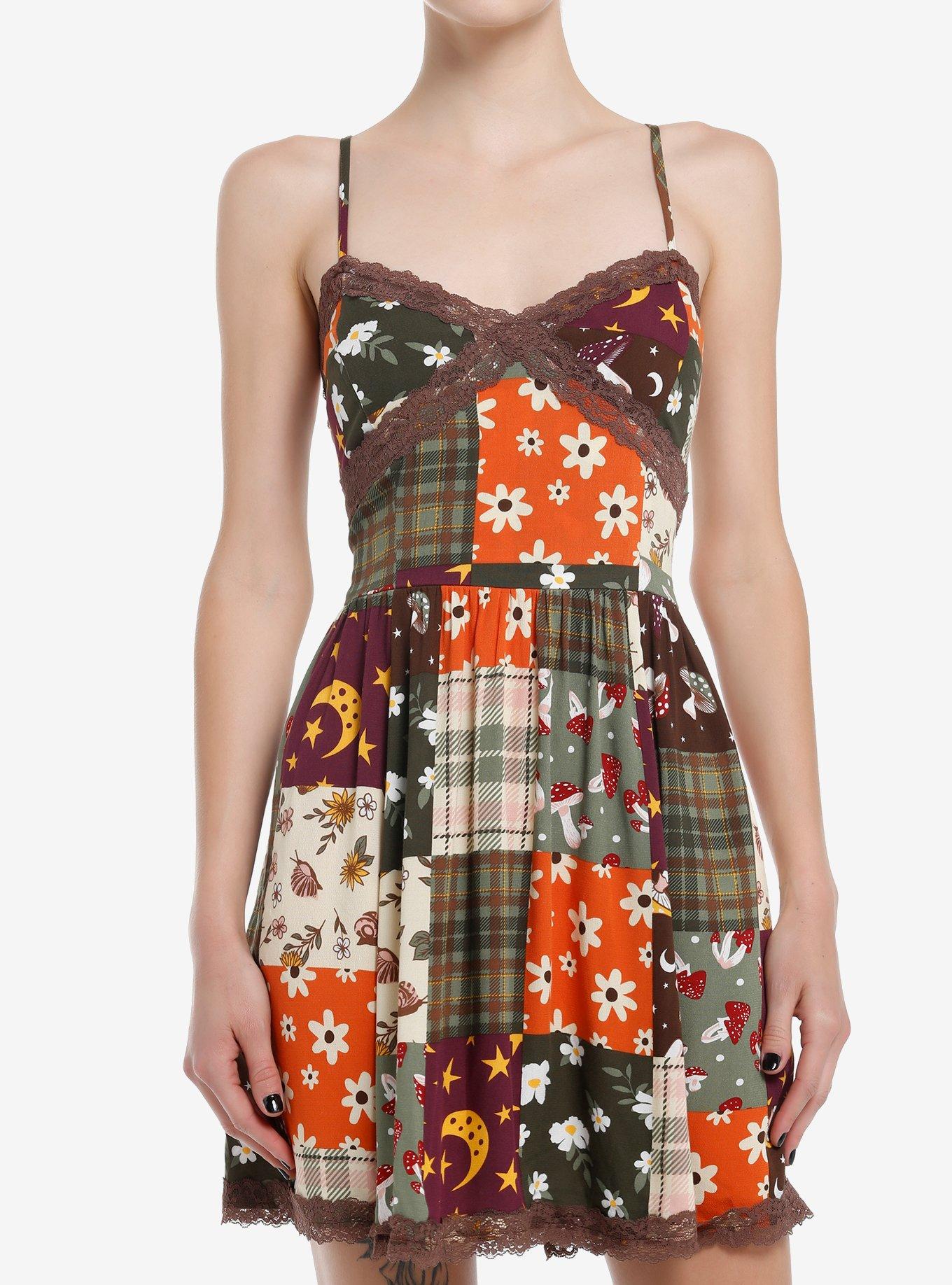 Thorn & Fable Autumn Floral Mushroom Patchwork Dress, , hi-res