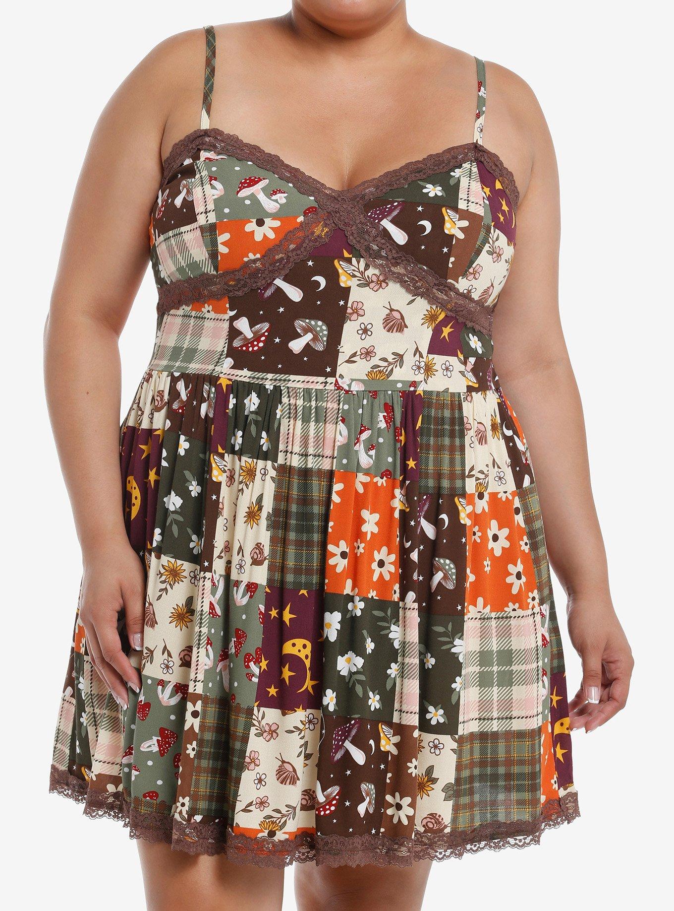 Thorn & Fable Autumn Floral Mushroom Patchwork Dress Plus Size, , hi-res