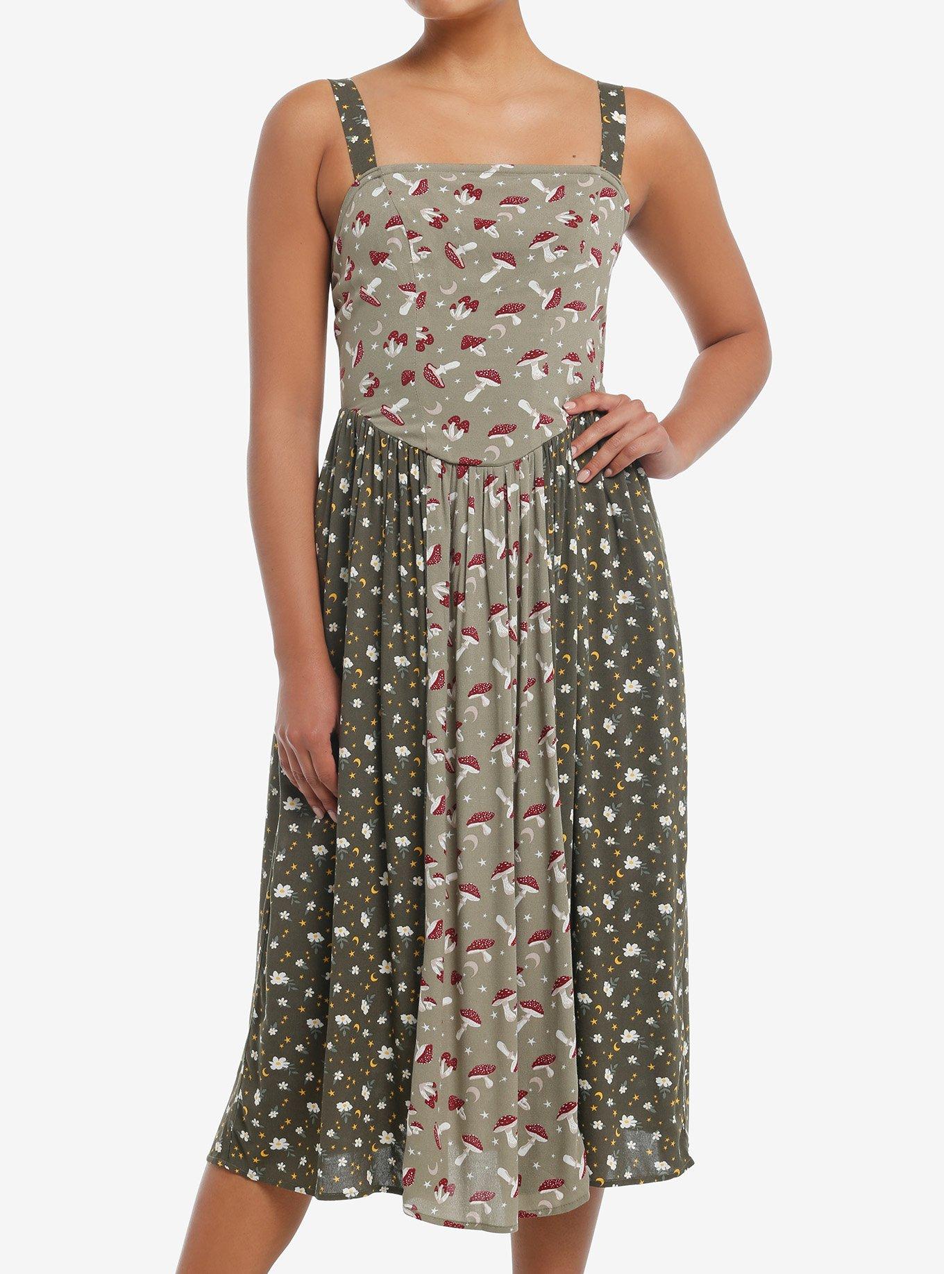 Thorn & Fable Mushroom Green Color-Block Midi Cami Dress, GREEN, hi-res