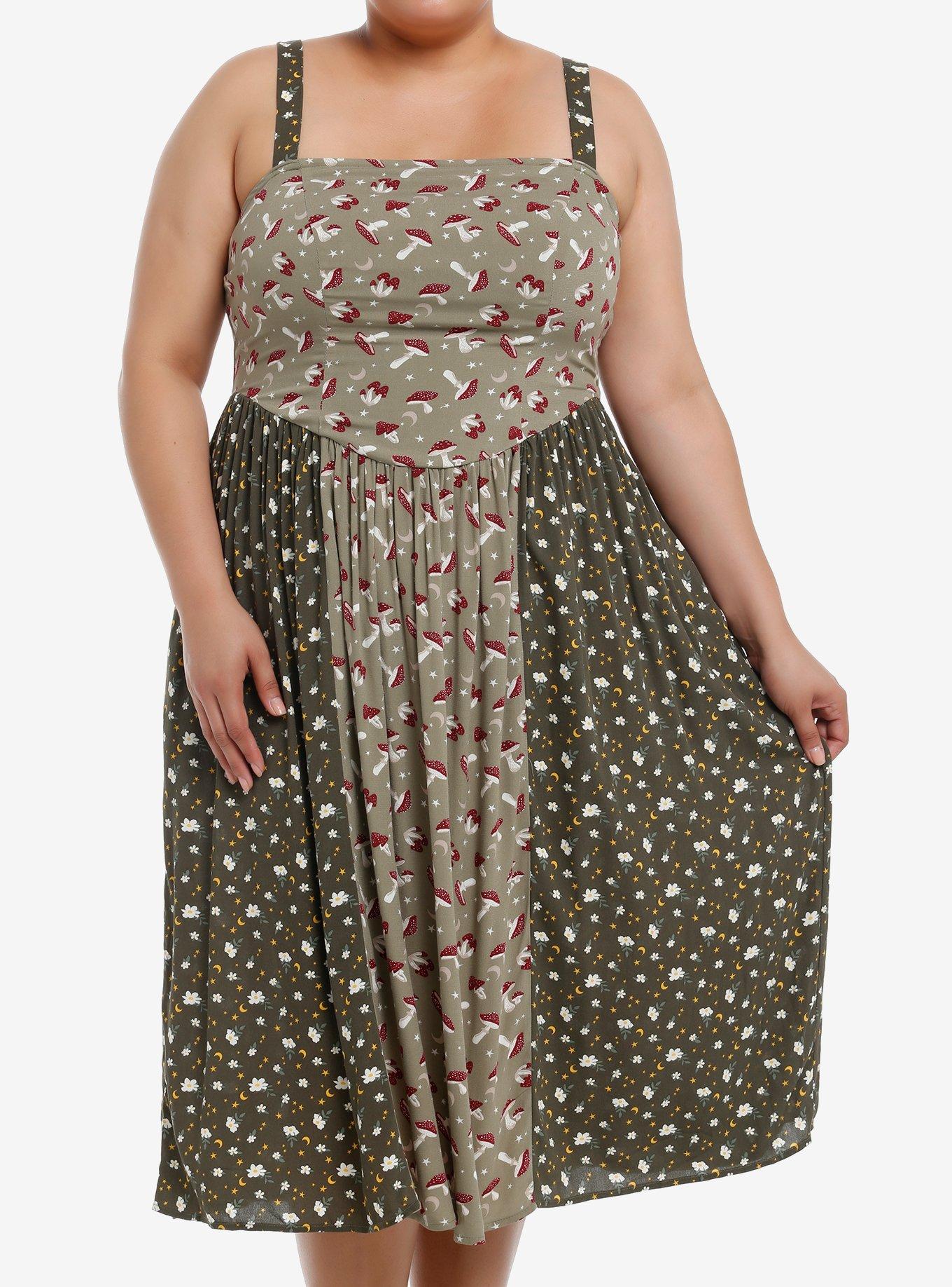 Thorn & Fable Mushroom Green Color-Block Midi Cami Dress Plus Size, , hi-res