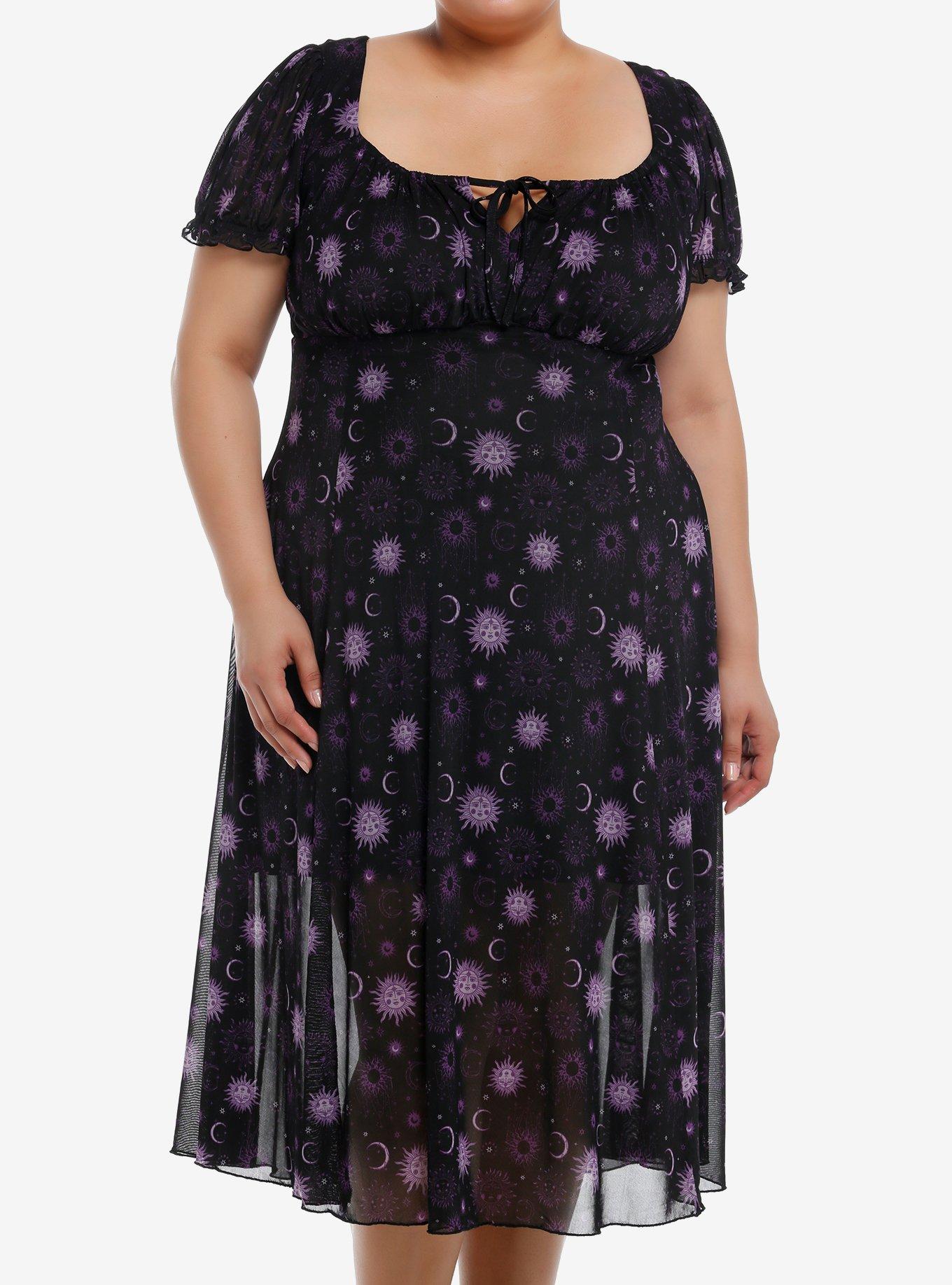 Cosmic Aura Purple Celestial Mesh Midi Dress Plus Size, BLACK, hi-res