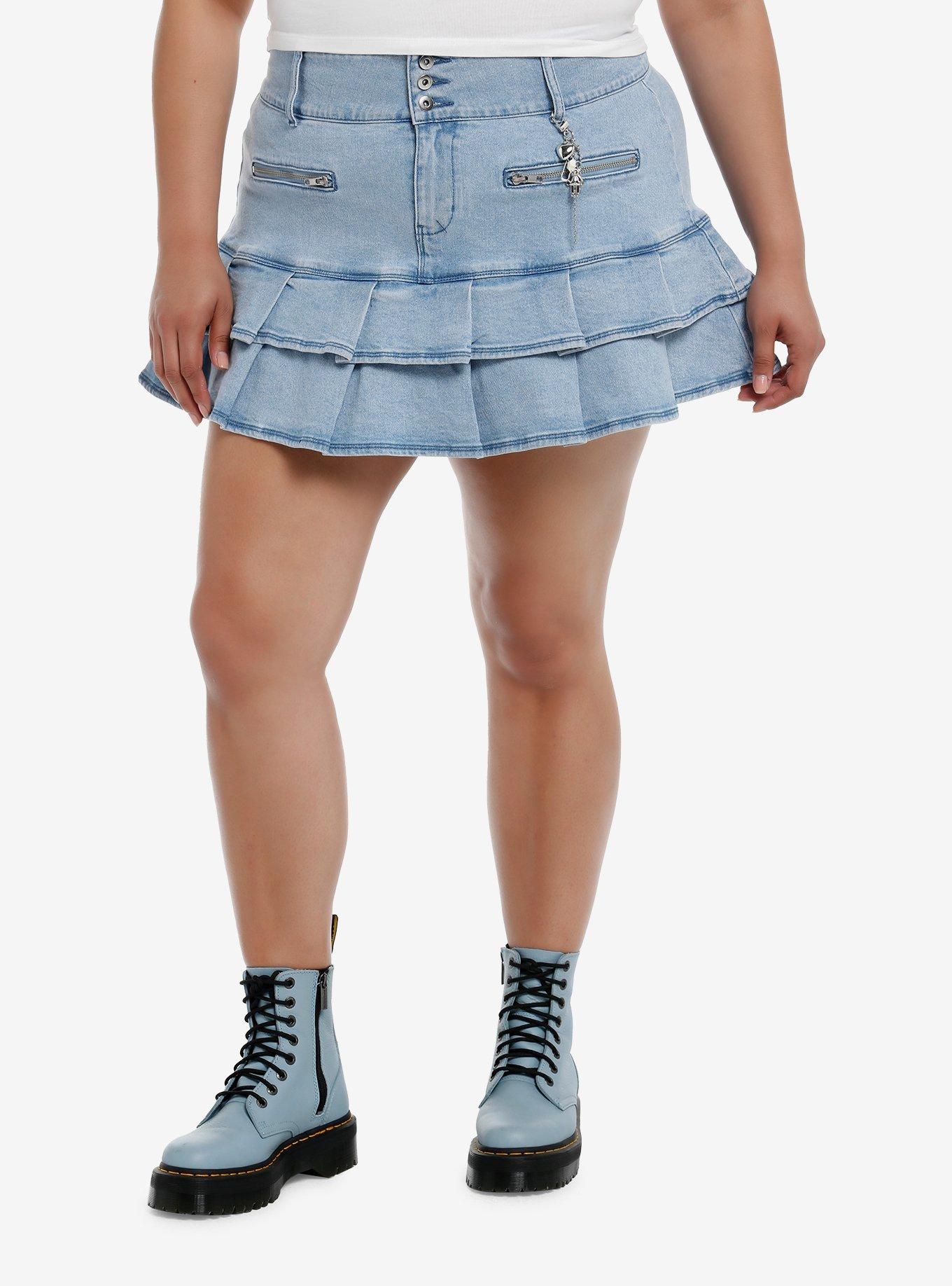 Social Collision Denim Pleated Skirt With Charm Plus Size, , hi-res