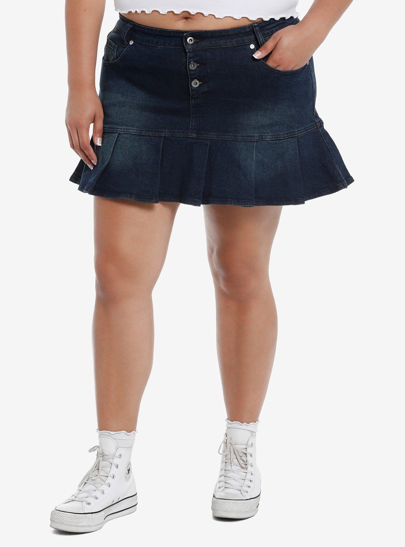 Social Collision Star Bling Dark Denim Pleated Mini Skirt Plus Size, , hi-res
