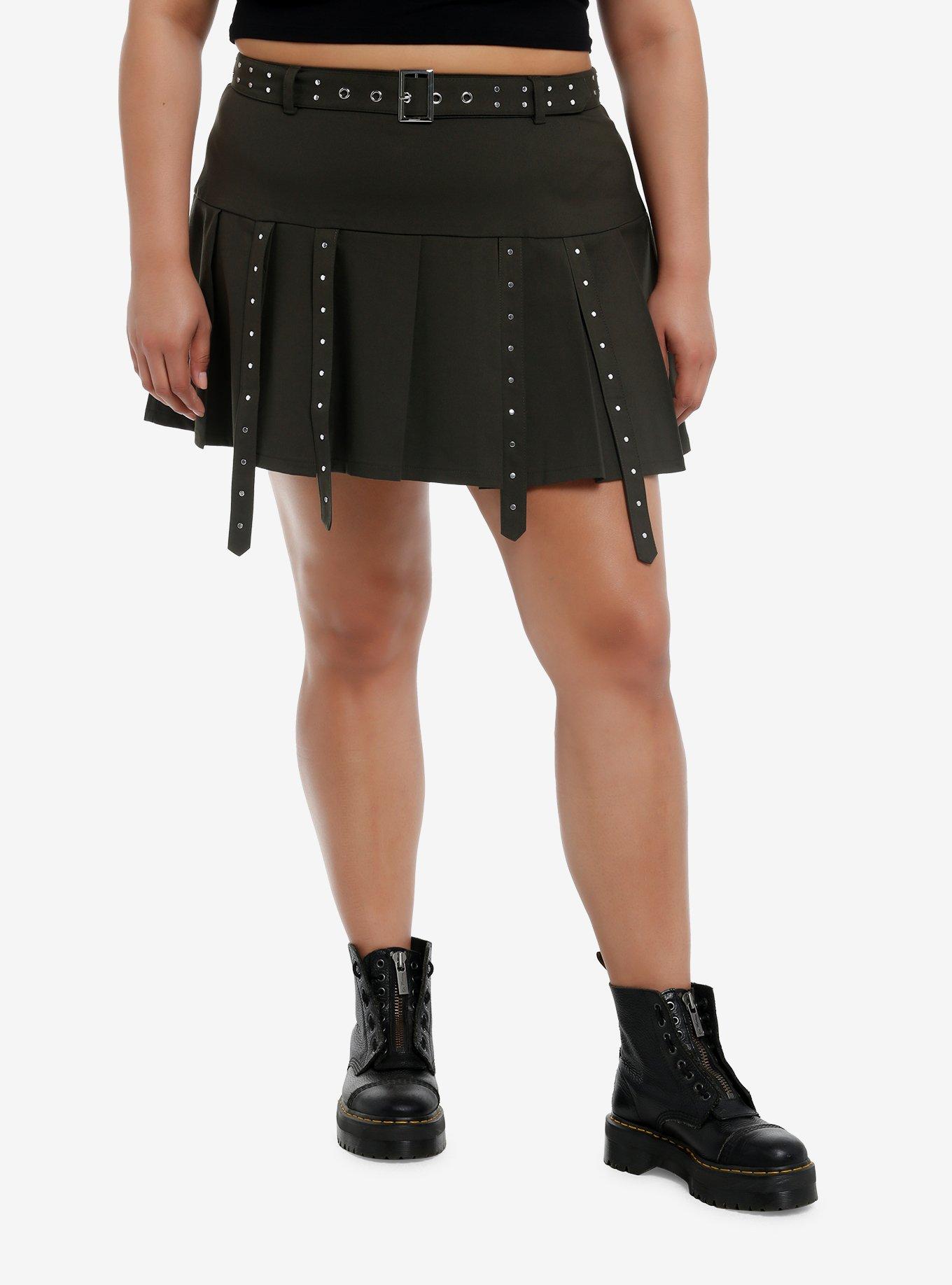 Social Collision Olive Grommet Pleated Skirt Plus Size, , hi-res