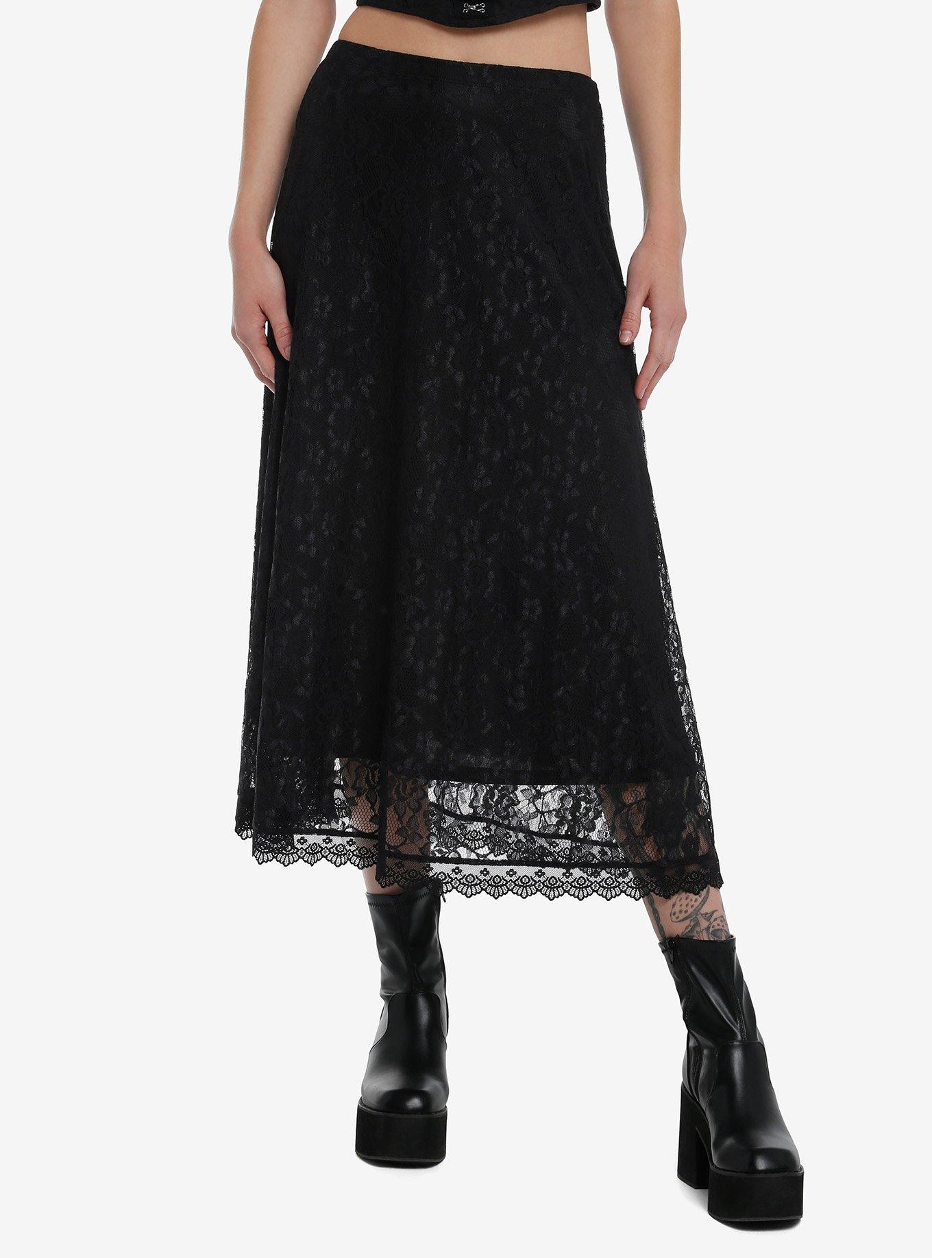 Cosmic Aura Black Floral Lace Midi Skirt, , hi-res