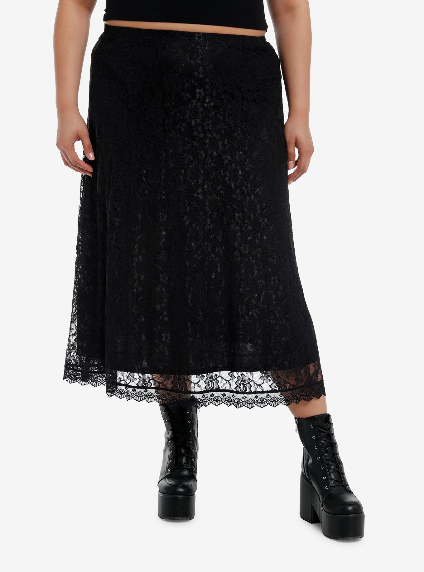 Cosmic Aura Black Floral Lace Midi Skirt Plus Size, BLACK, hi-res