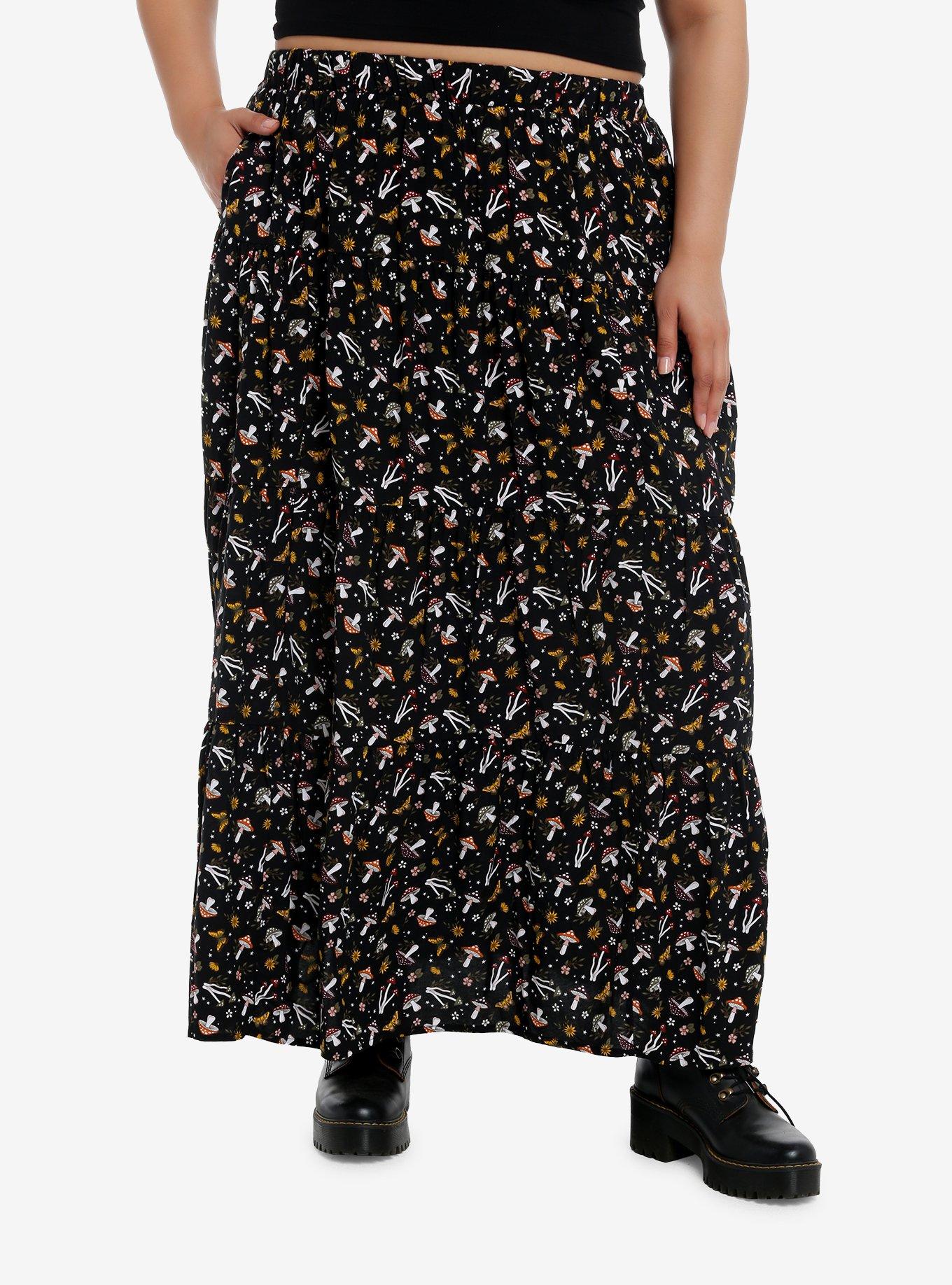 Thorn & Fable Mushroom Floral Tiered Maxi Skirt Plus Size, MULTI, hi-res