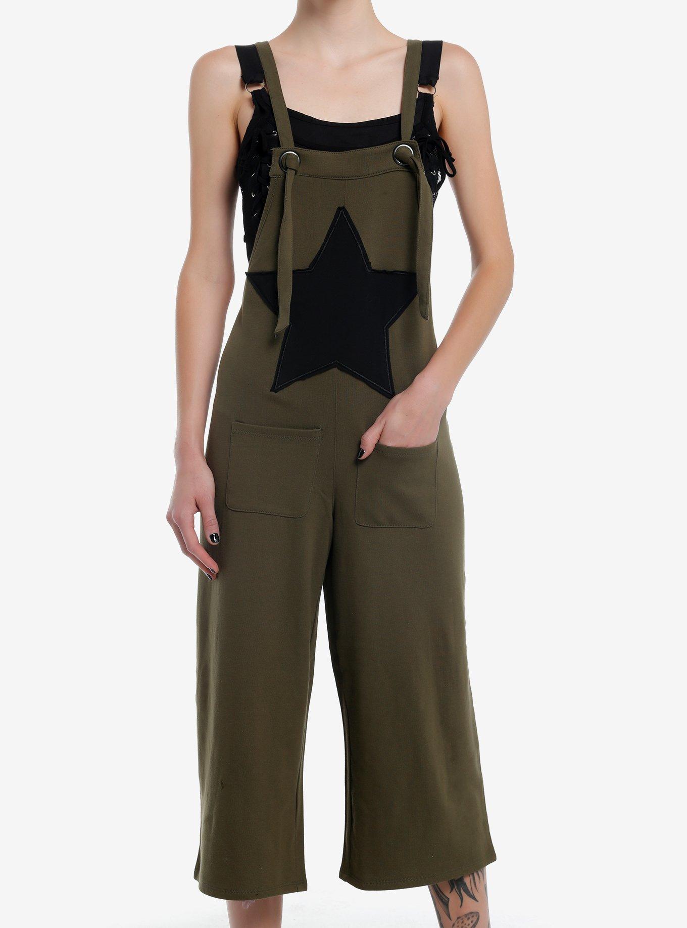 Social Collison Green & Black Star Patch Overalls, BLACK, hi-res