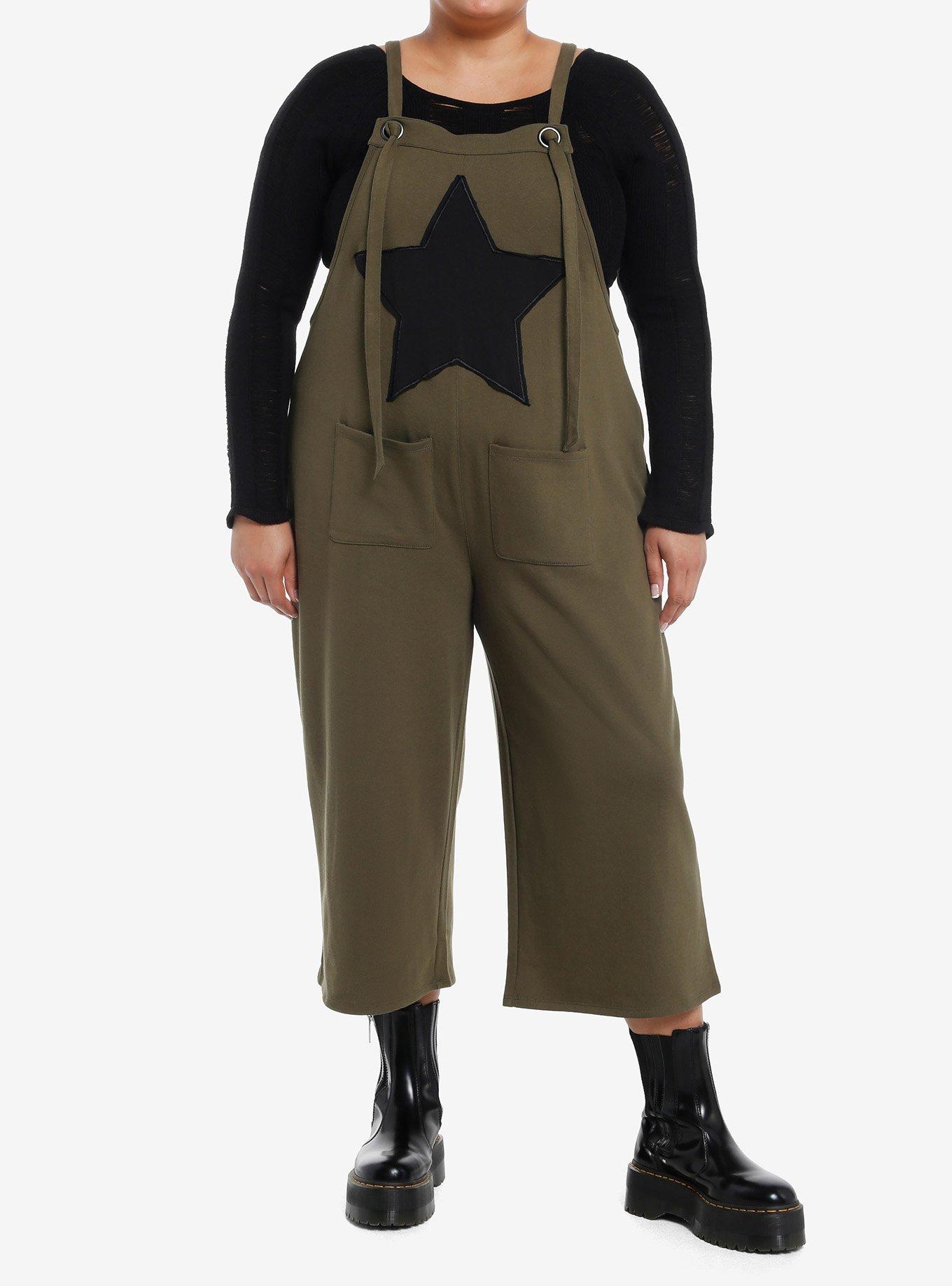 Social Collison Green & Black Star Patch Overalls Plus Size, , hi-res