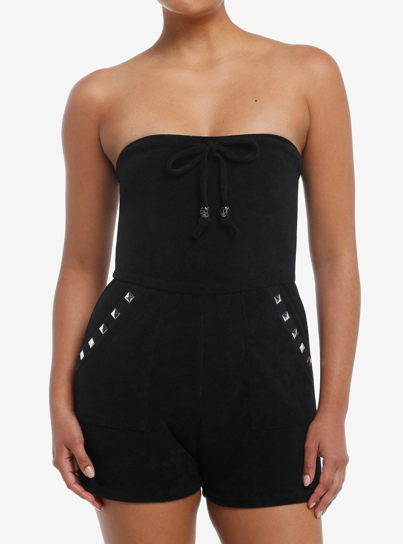 Black Stud Strapless Girls Romper, , hi-res