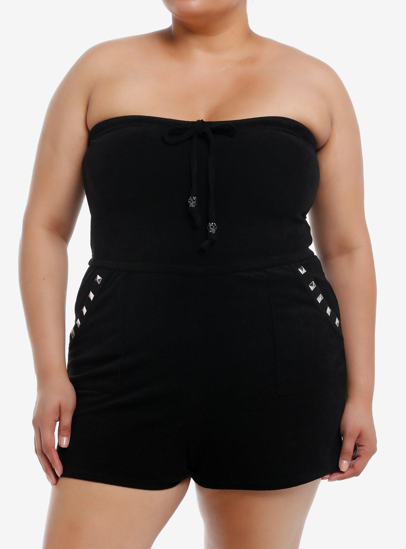 Black Stud Strapless Girls Romper Plus Size, , hi-res