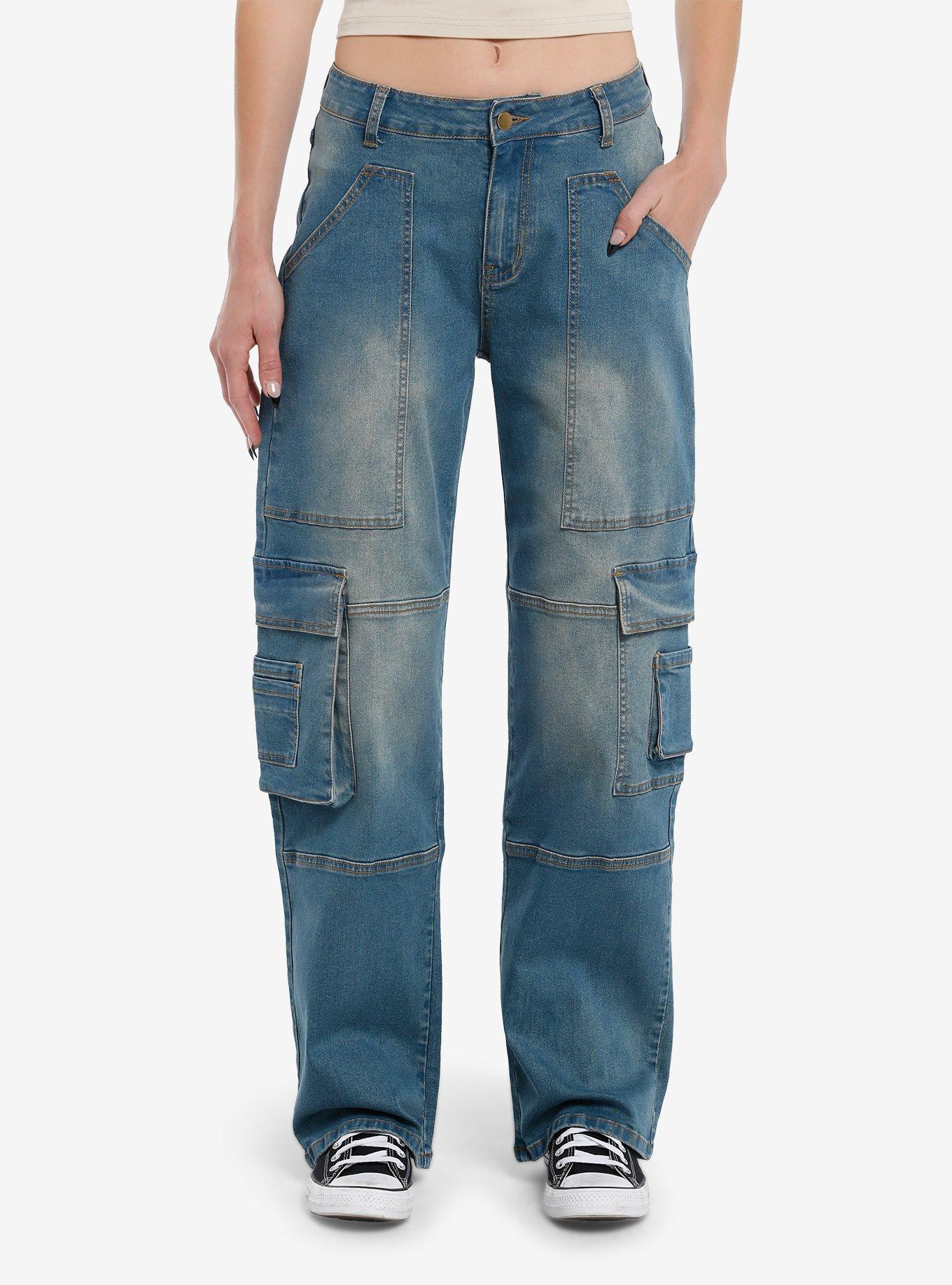 Blue Indigo Cargo Wide Leg Jeans, , hi-res