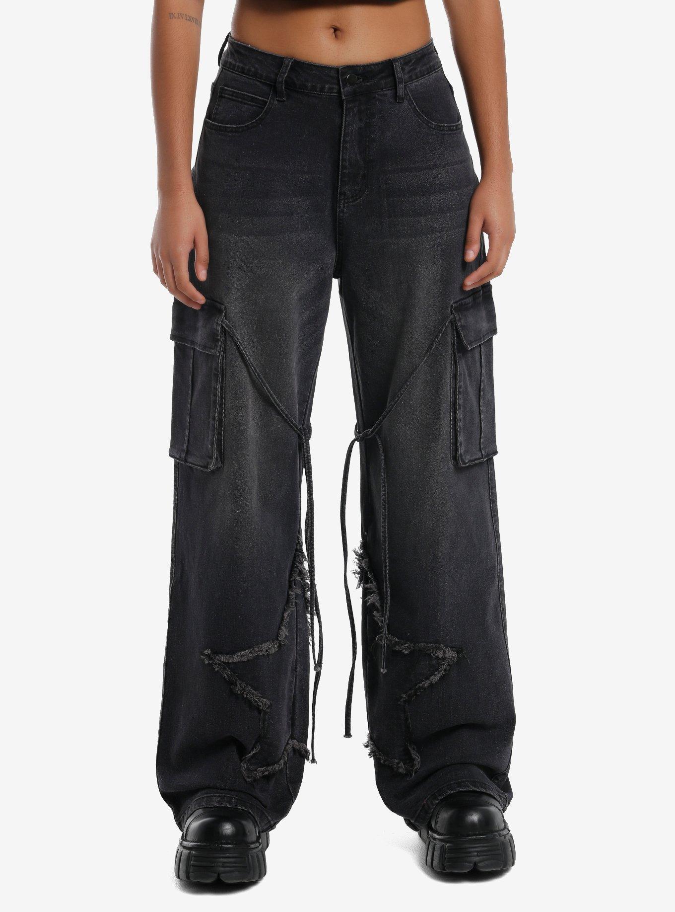 Black Star Raw Edge Tie Strap Cargo Jeans, BLACK, hi-res