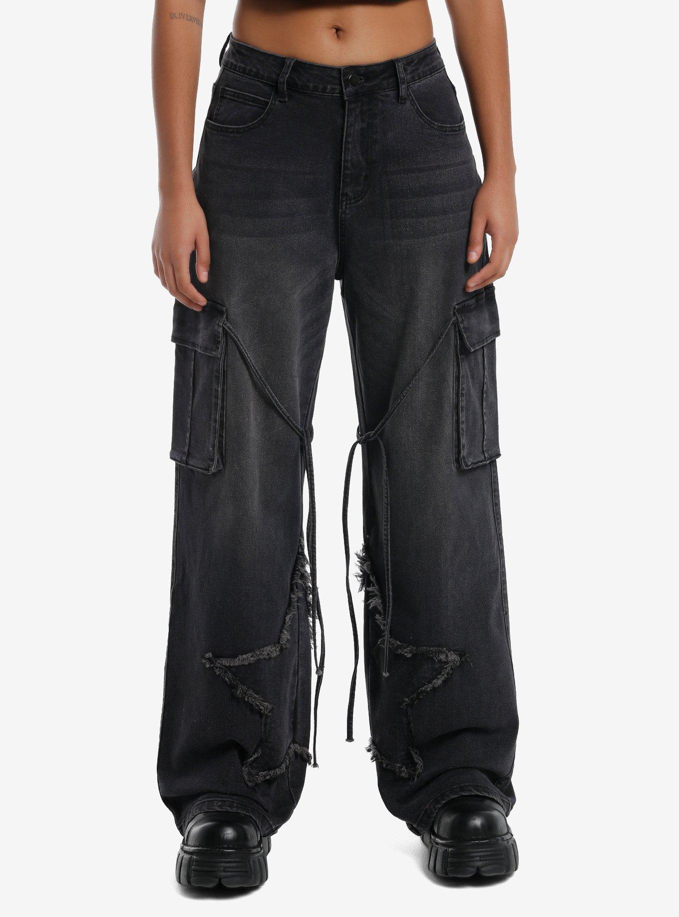 Black Star Raw Edge Tie Strap Cargo Jeans, , hi-res