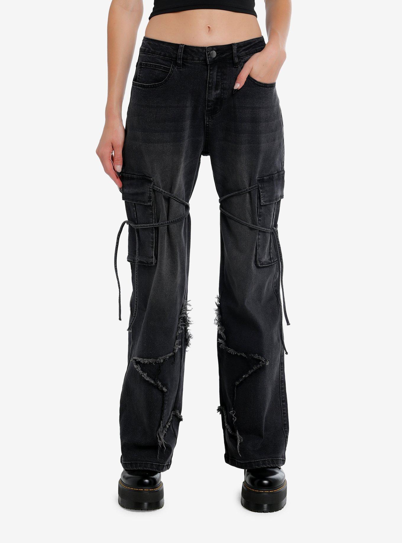 Black Star Raw Edge Tie Strap Cargo Jeans Extended Size, BLACK, hi-res