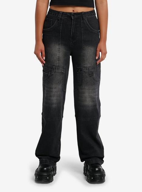 【BAON】Biche Washing Denim Wide Pants Black Wash Patch Wide Leg Denim Pants Extended Size | Hot Topic