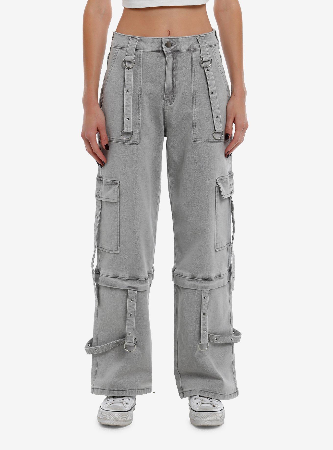 Grey Strappy Denim Cargo Pants, GREY, hi-res
