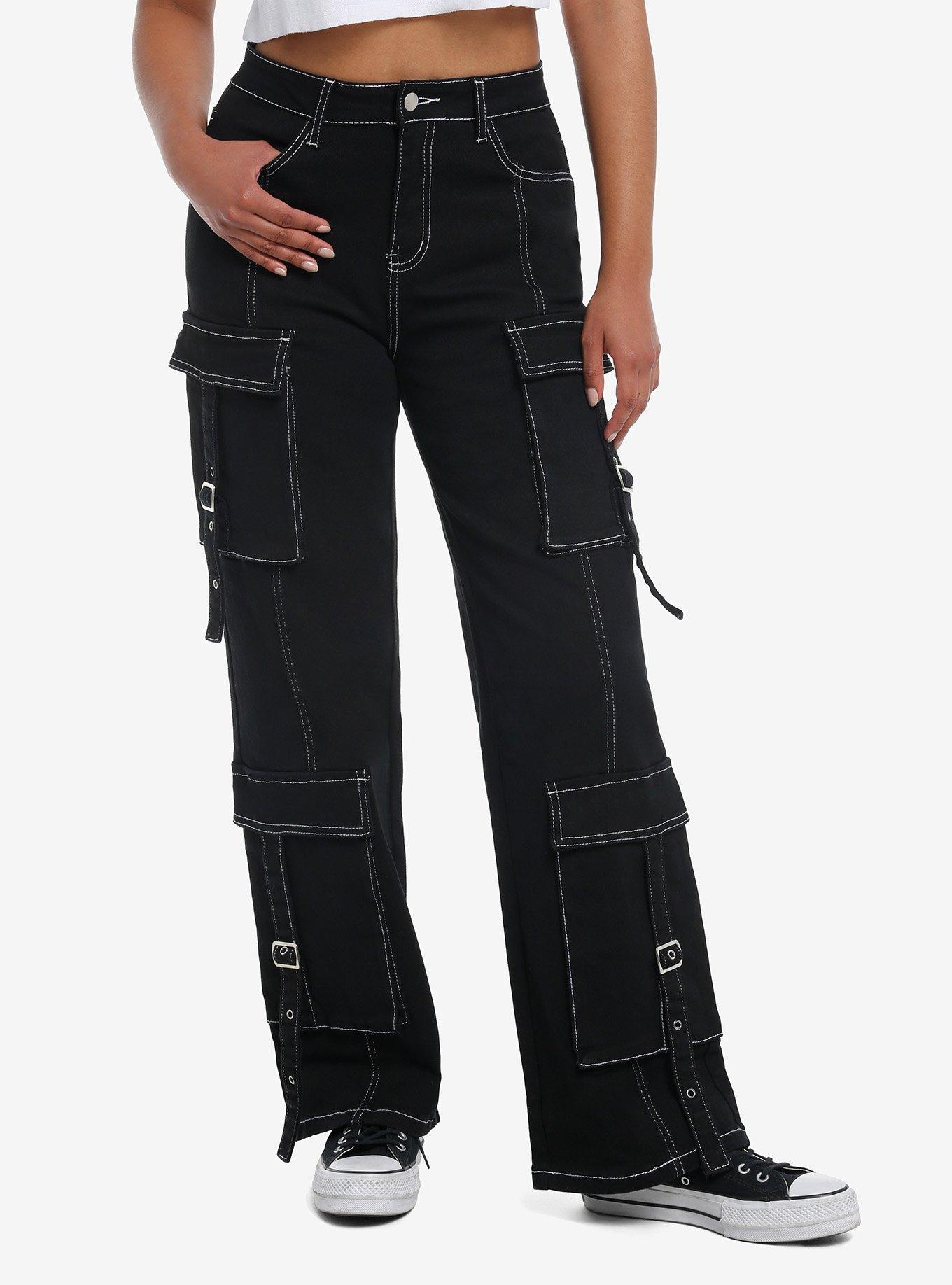 Black & White Contrast Stitch Buckle Strap Cargo Pants, , hi-res