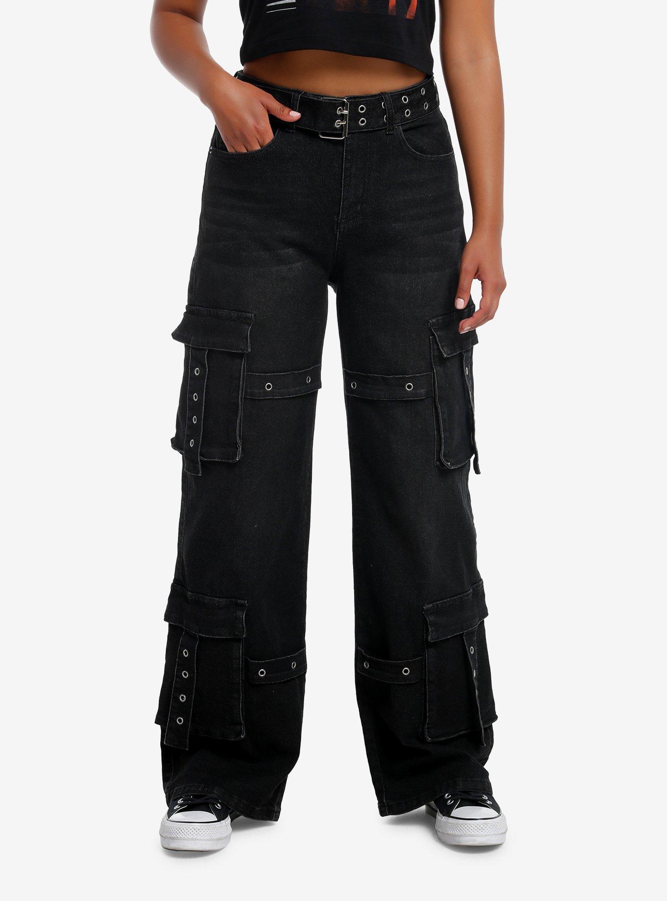 Black Grommet Belt Hardware Cargo Denim Pants, BLACK, hi-res