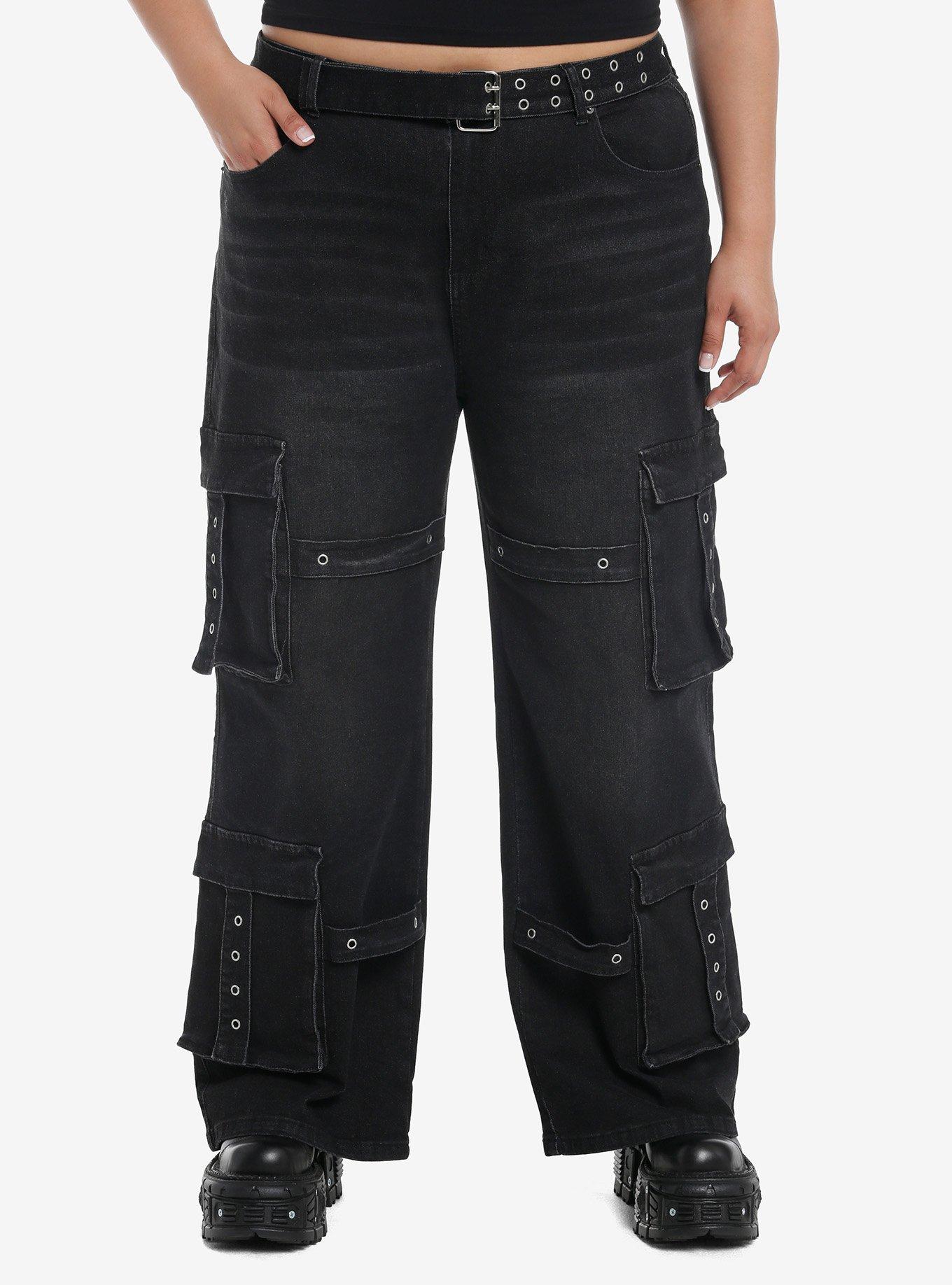 Black Grommet Belt Hardware Cargo Denim Pants Plus Size, BLACK, hi-res