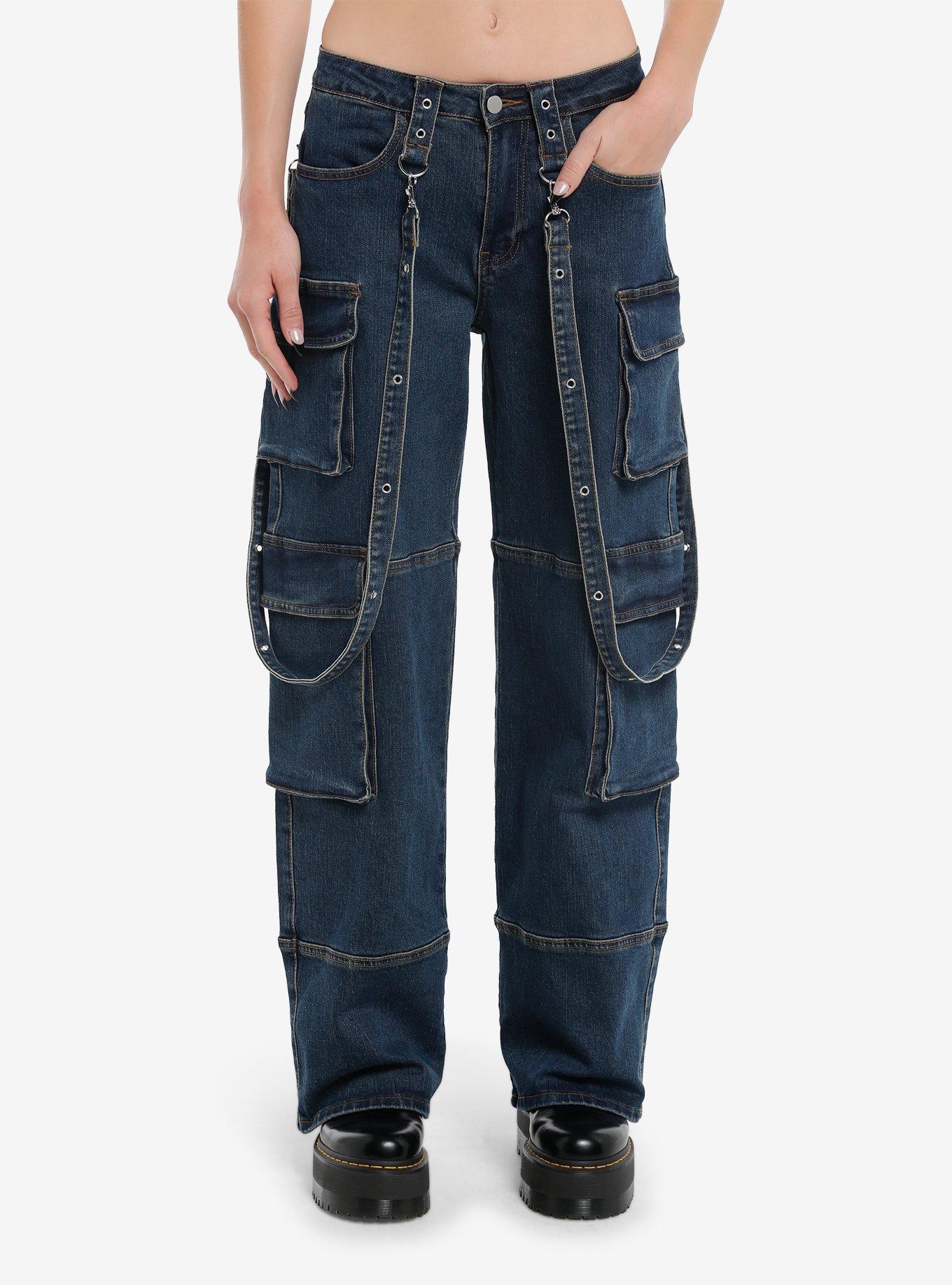 Dark Indigo Suspender Cargo Denim Carpenter Pants, , hi-res