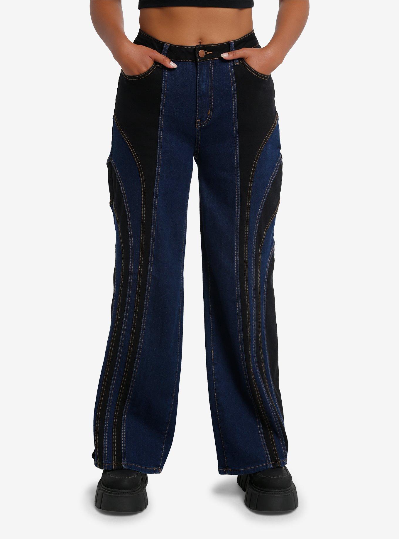 Black & Blue Paneled Girls Straight Leg Jeans, , hi-res