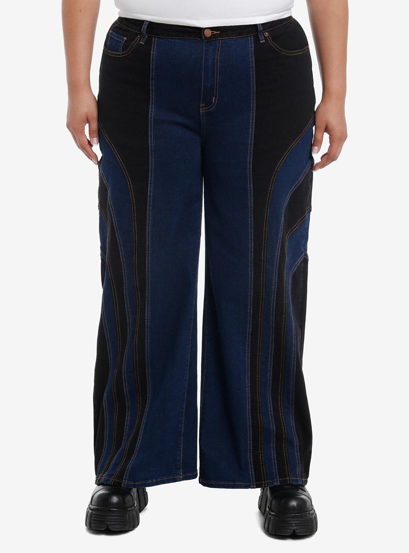 Black & Blue Paneled Girls Straight Leg Jeans Plus Size, , hi-res