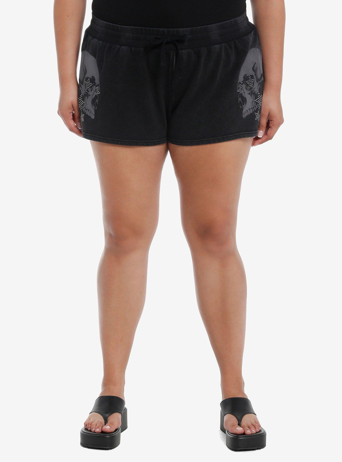 Skulls & Rhinestone Stars Girls Lounge Shorts Plus Size, BLACK, hi-res