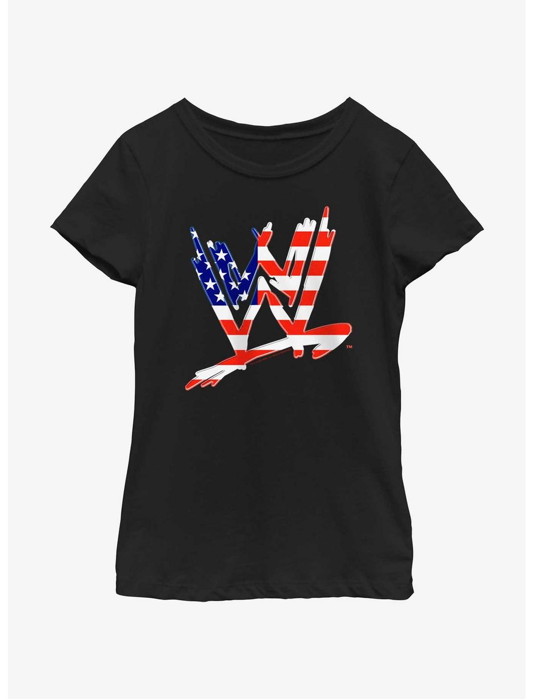 WWE American Flag Logo Youth Girls T-Shirt, BLACK, hi-res