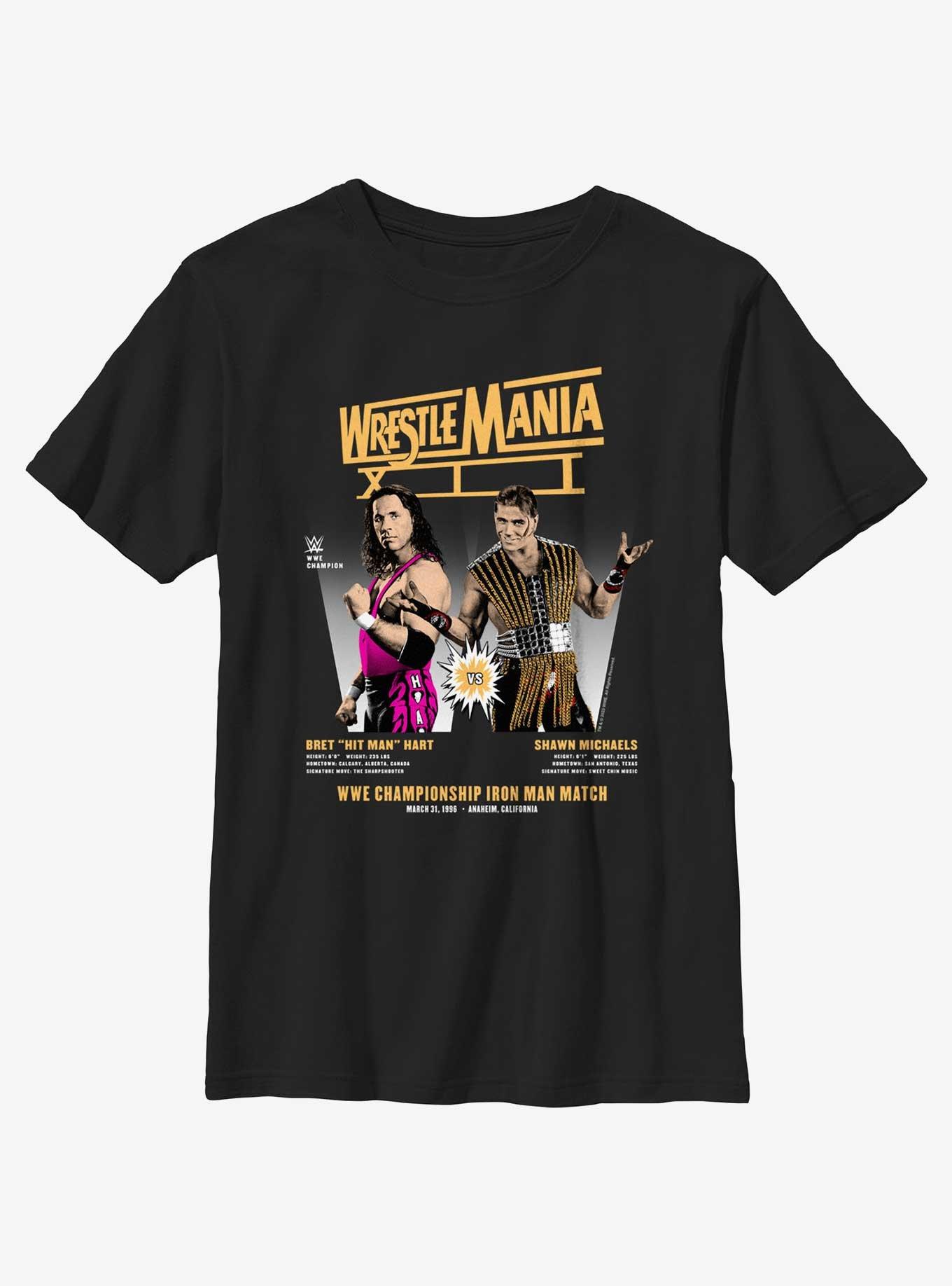 WWE WrestleMania XII Bret Hart Vs Shawn Michaels Youth T-Shirt, BLACK, hi-res