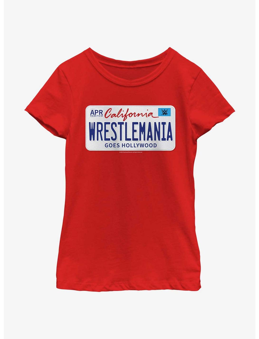 WWE WrestleMania 39 License Plate Logo Youth Girls T-Shirt, RED, hi-res