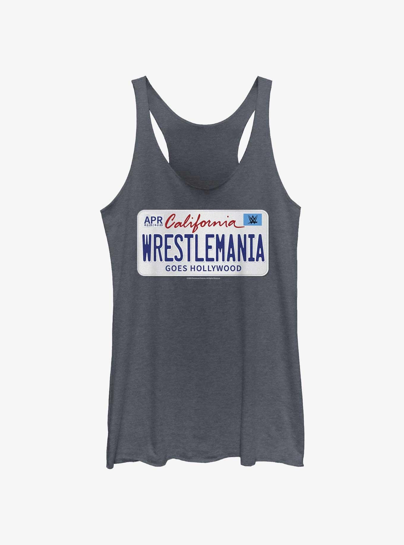 WWE WrestleMania 39 License Plate Logo Womens Tank Top, NAVY HTR, hi-res